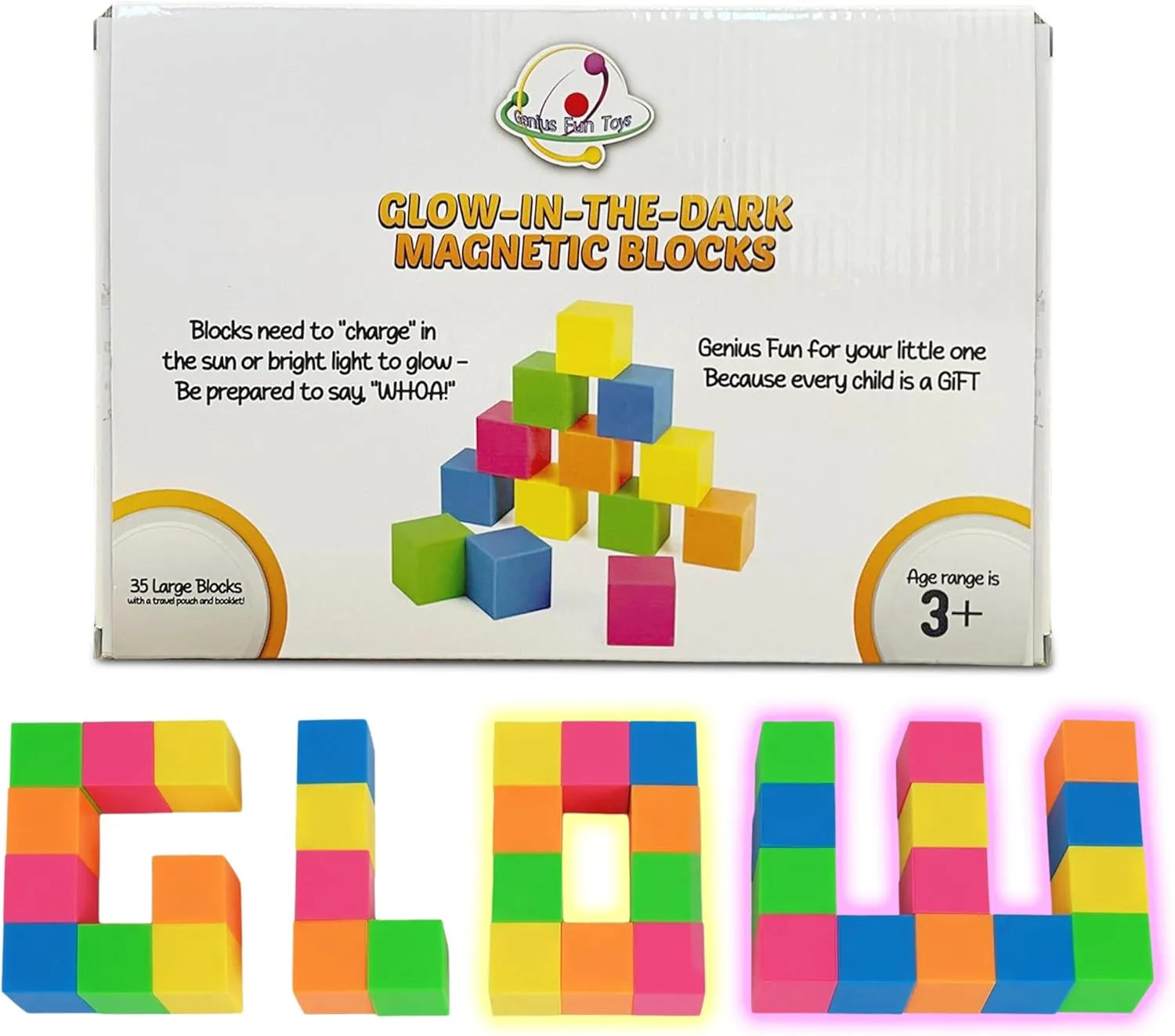 Glow in The Dark Toys Magnetic Building Blocks 35 PCs Neon Block – Safe Magnet Blocks for Kids & Toddlers Aged 4-8 | Magnetic Building Cubes w/Manual & Travel Pouch – STEM Educational Toys