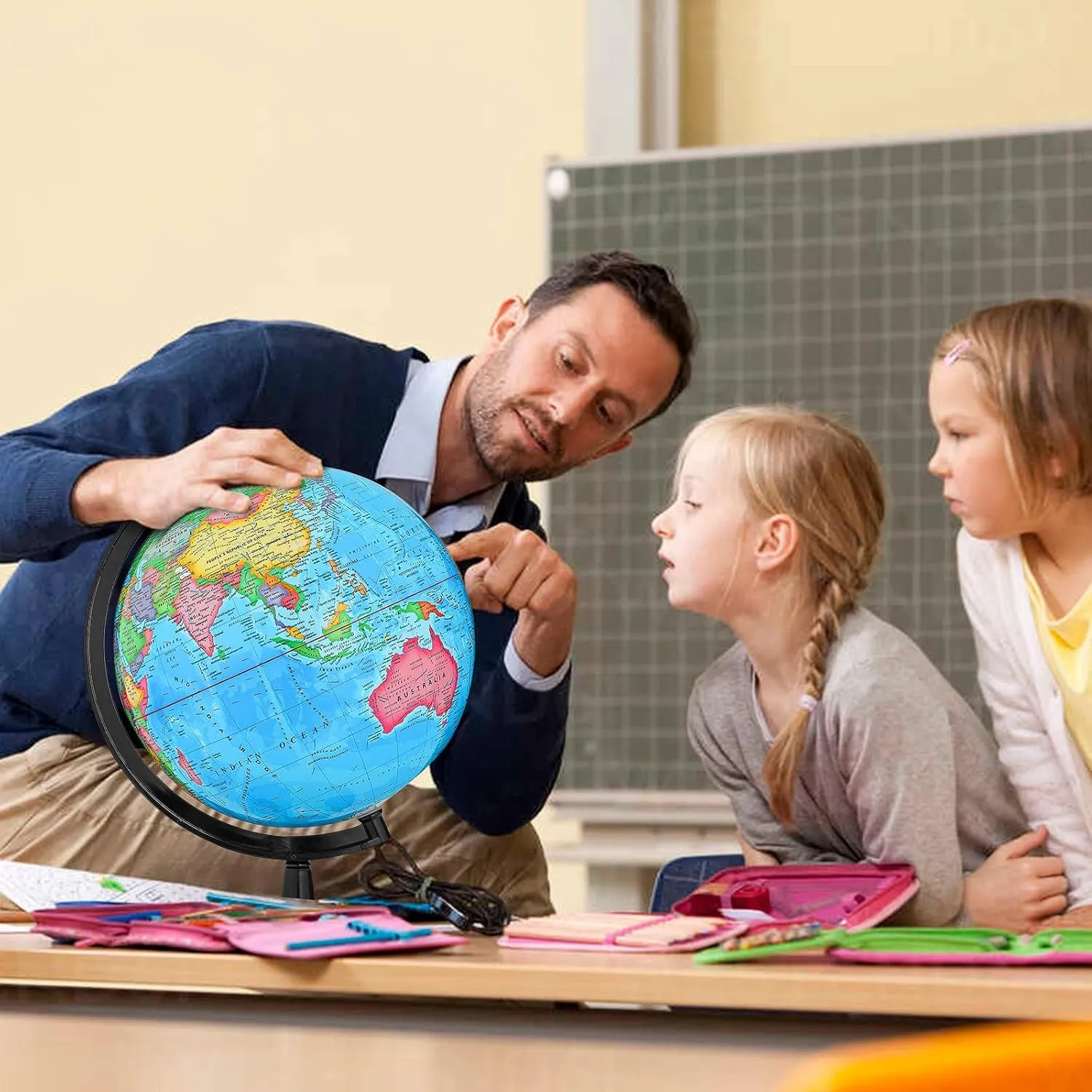 GOCHANGE Globes for Kids, 13" Political Globe for Classroom Teaching with HD Waterproof Surface & Writable Surface, Full Length 19.7 inch 360° Spinning Globe for Education & Desk