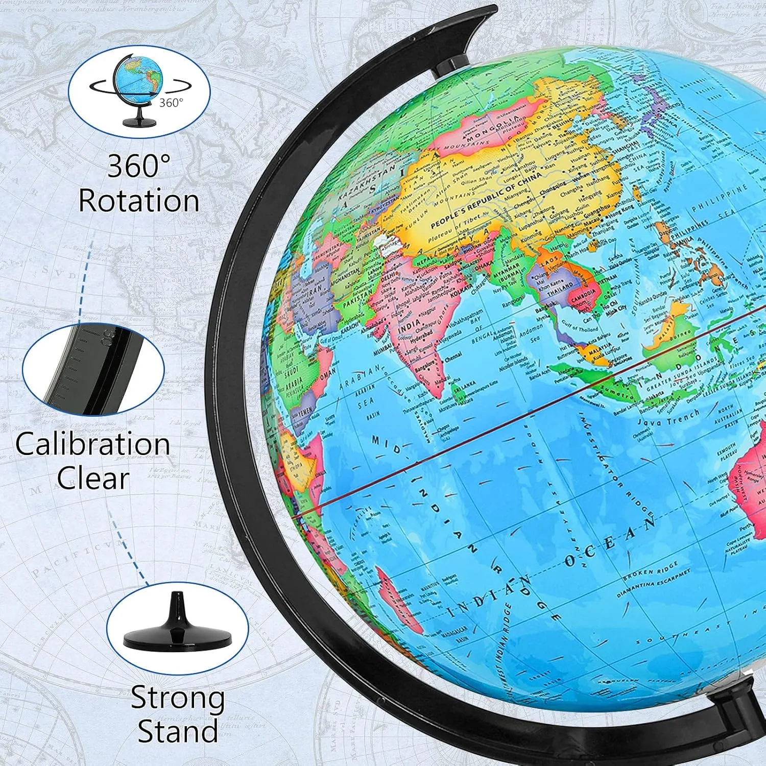 GOCHANGE Globes for Kids, 13" Political Globe for Classroom Teaching with HD Waterproof Surface & Writable Surface, Full Length 19.7 inch 360° Spinning Globe for Education & Desk