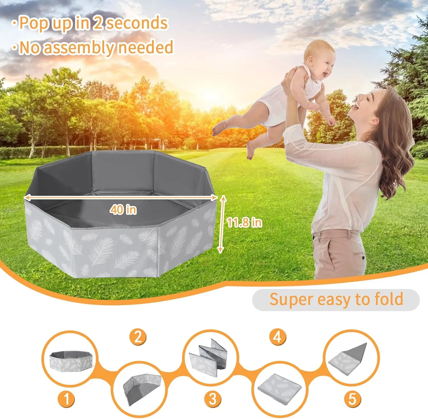 GOGOSO Foldable Ball Pit for Toddlers Large Soft Indoor Outdoor Pop Up Baby Kids Infant Ballpit Big Collapsible Puppy Dog Cat Pits with Basketball Hoop (Balls Not Included), Gray Leaves