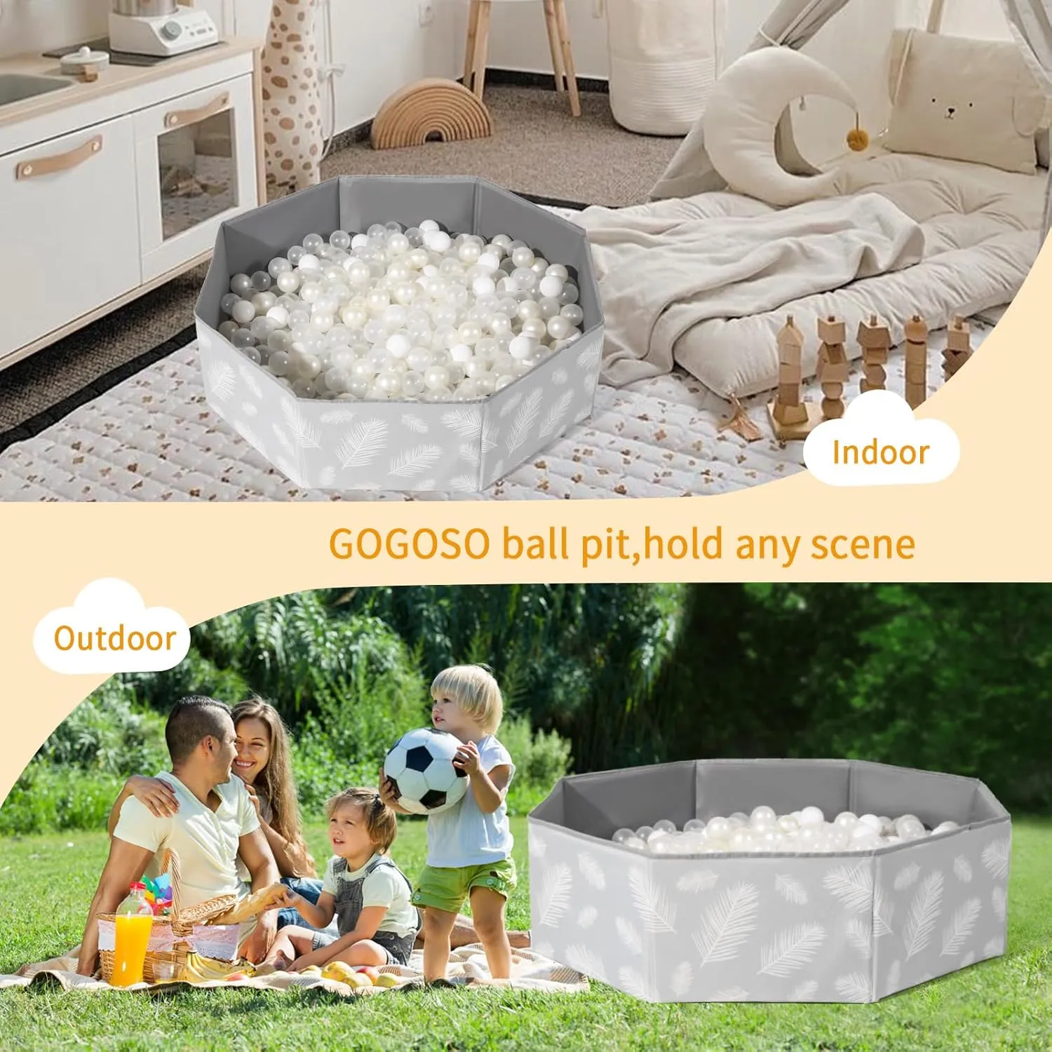 GOGOSO Foldable Ball Pit for Toddlers Large Soft Indoor Outdoor Pop Up Baby Kids Infant Ballpit Big Collapsible Puppy Dog Cat Pits with Basketball Hoop (Balls Not Included), Gray Leaves