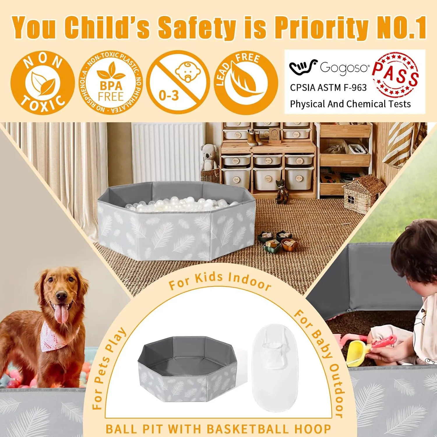 GOGOSO Foldable Ball Pit for Toddlers Large Soft Indoor Outdoor Pop Up Baby Kids Infant Ballpit Big Collapsible Puppy Dog Cat Pits with Basketball Hoop (Balls Not Included), Gray Leaves