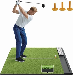 Golf Hitting Mat with Built-in Ball Tray & Alignment Line – 26mm Thickness, Indoor Outdoor Golf Practice Mat with EVA Foam Base, Durable Turf, and 3 Rubber Tees for Backyard or Garage