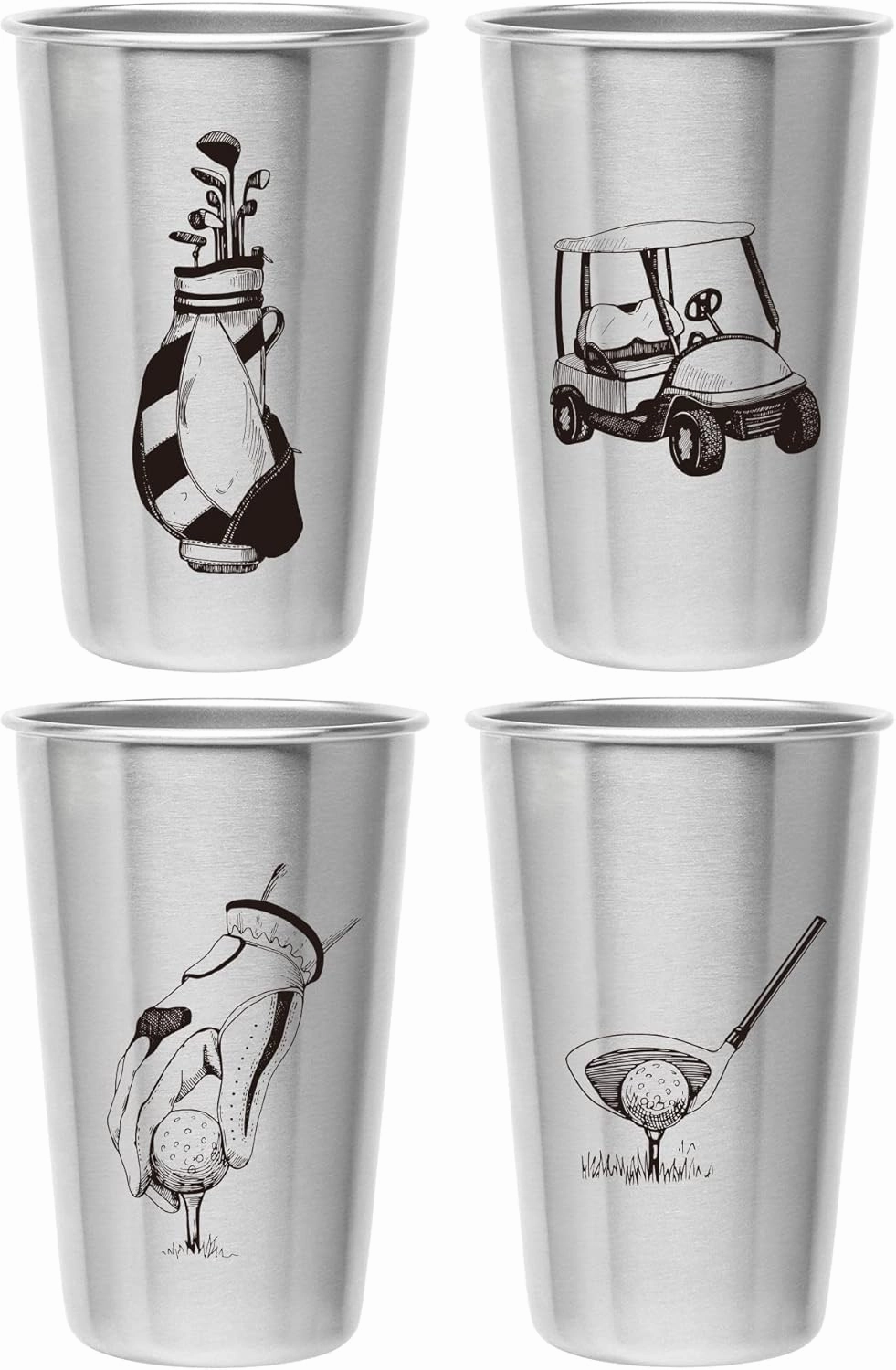 Golf Tumblers - Stainless Steel (Set of 4) - 16oz Capacity - Unique Gift for Dads, Men, and Prize for Golfers. Designs include Golf Cart, Glove/Tee, Driver, and Golfing Bag.