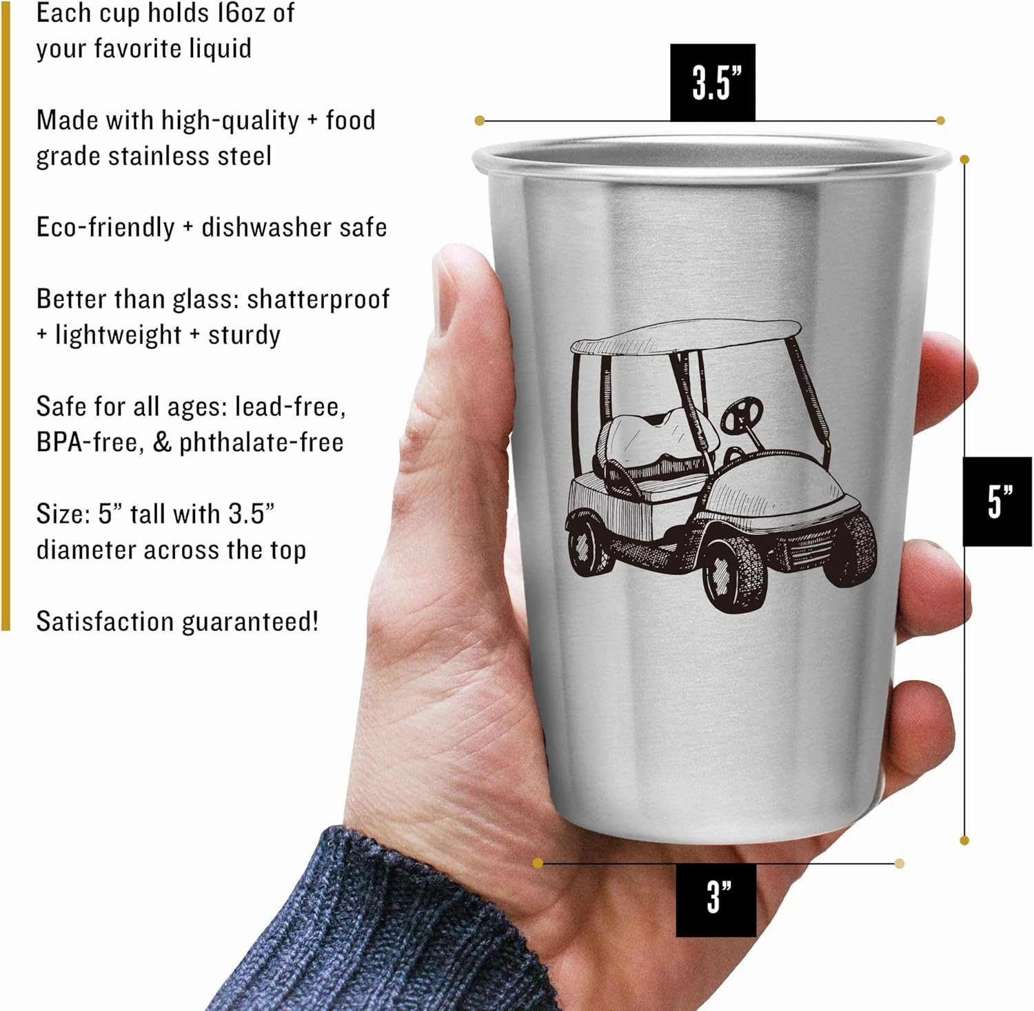 Golf Tumblers - Stainless Steel (Set of 4) - 16oz Capacity - Unique Gift for Dads, Men, and Prize for Golfers. Designs include Golf Cart, Glove/Tee, Driver, and Golfing Bag.