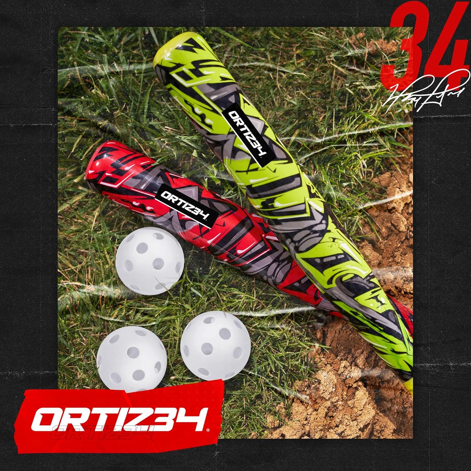 Grand Slam Set- Graffiti Plastic Bat, David Ortiz Backyard Baseball Set with 3 Balls, 4 Throw Down Bases