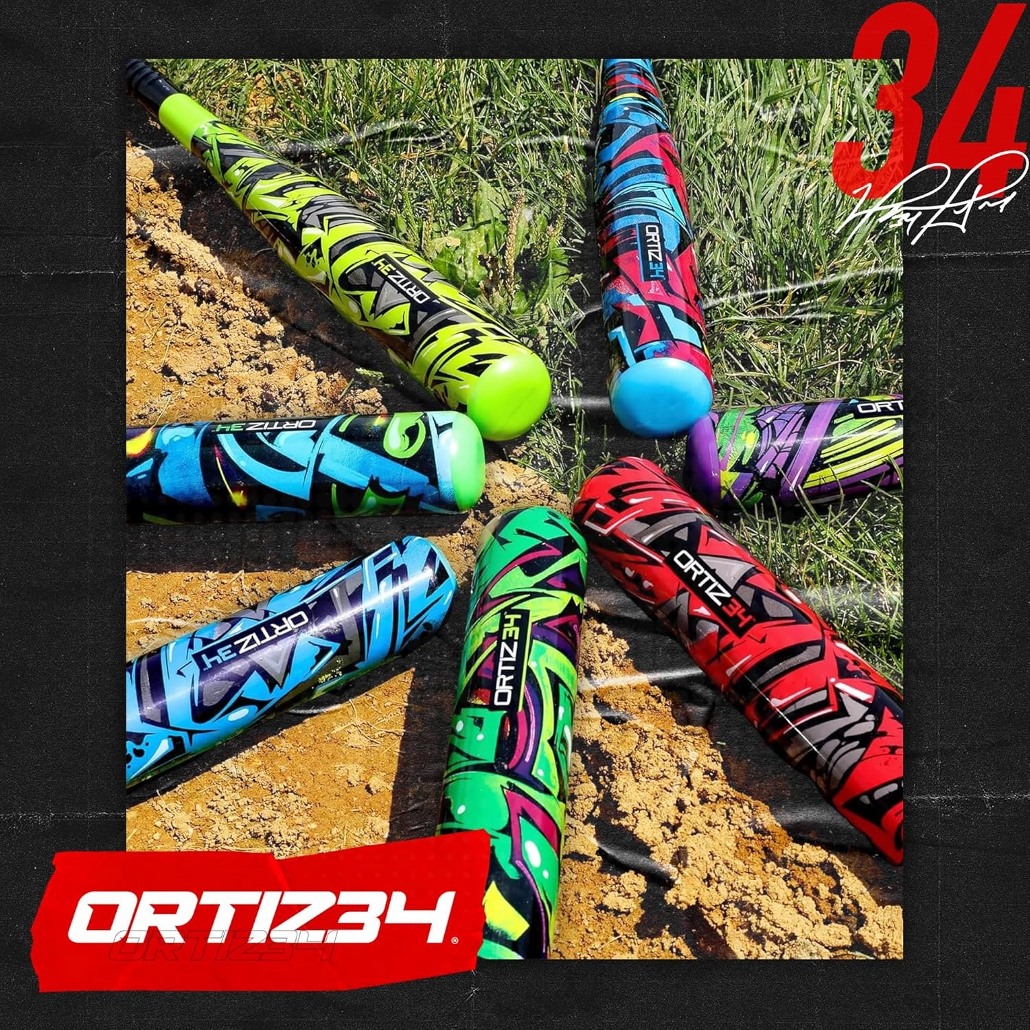 Grand Slam Set- Graffiti Plastic Bat, David Ortiz Backyard Baseball Set with 3 Balls, 4 Throw Down Bases