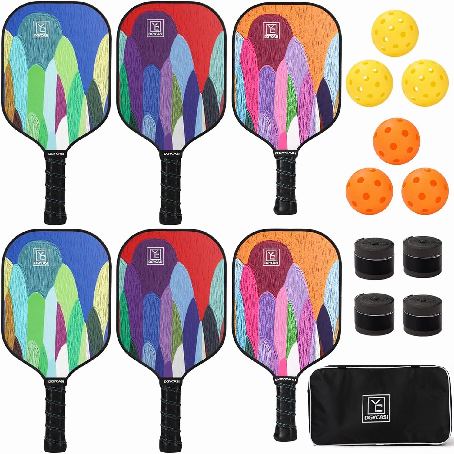 Graphite Pickleball Paddles Set of 6, 2025 USAPA Approved, 2 Kids & 4 Adult Paddles, Fiberglass Surface (CHS), Polypropylene Lightweight Honeycomb Core, 6 Pickleball, 4 Replacement Soft Grip   Bag