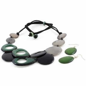 Gray and Green Statement Necklace Set made of Tagua, Bold Chunky Layered Bib, Eco Fair Trade Jewelry for Women