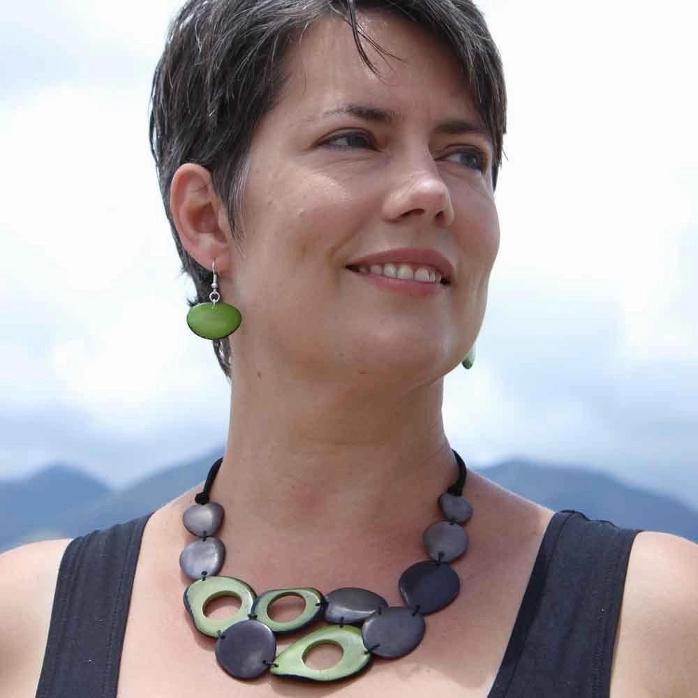 Gray and Green Statement Necklace Set made of Tagua, Bold Chunky Layered Bib, Eco Fair Trade Jewelry for Women
