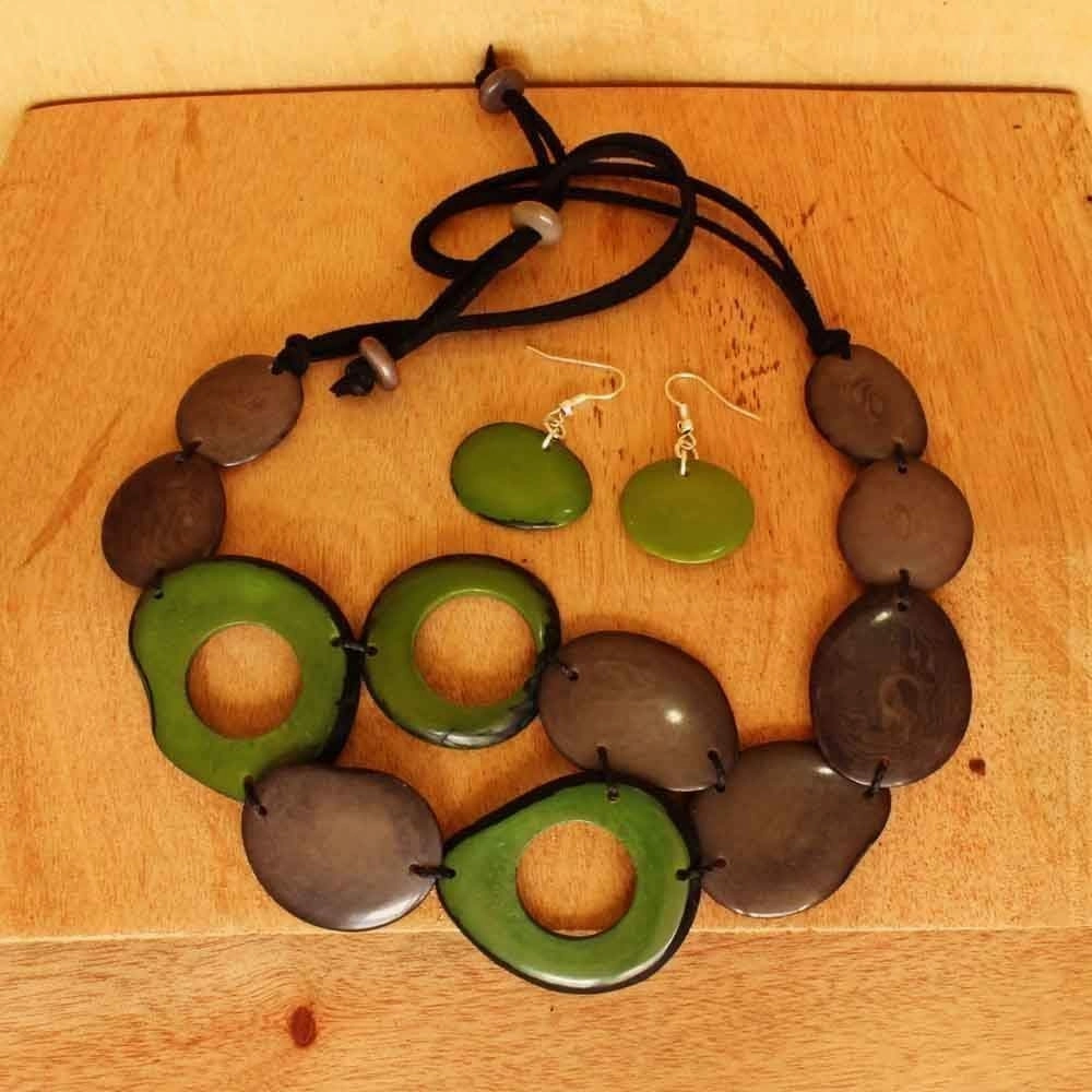 Gray and Green Statement Necklace Set made of Tagua, Bold Chunky Layered Bib, Eco Fair Trade Jewelry for Women