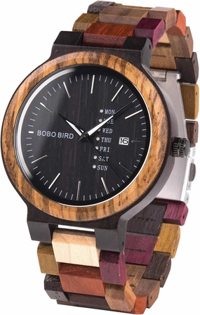 GUANKE Men Wooden Watches Colorful Bamboo Watches Week & Date Display Quartz Couples Watches Handmade Casual Multifunction Wood Wristwatch for Men