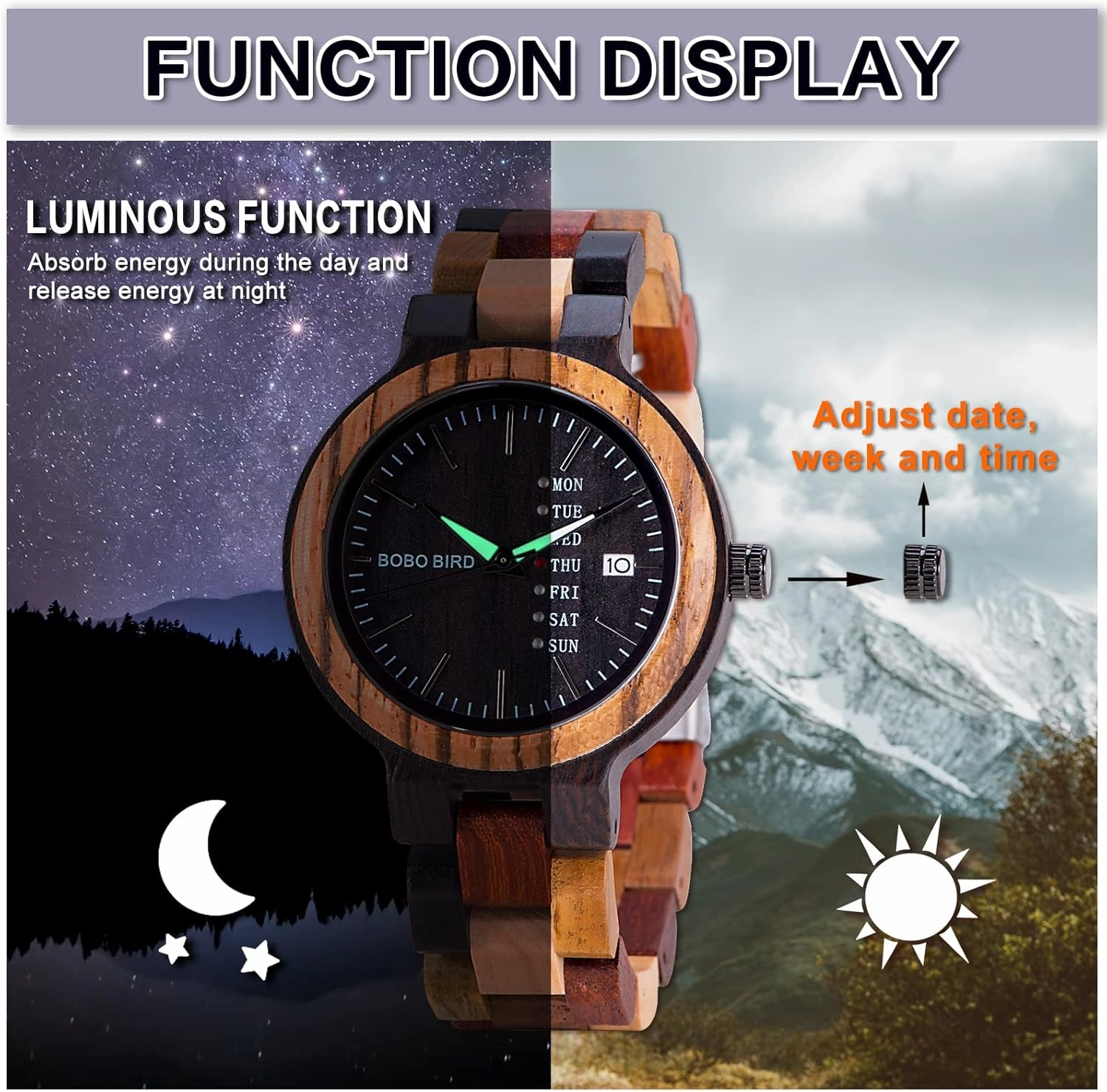 GUANKE Men Wooden Watches Colorful Bamboo Watches Week & Date Display Quartz Couples Watches Handmade Casual Multifunction Wood Wristwatch for Men