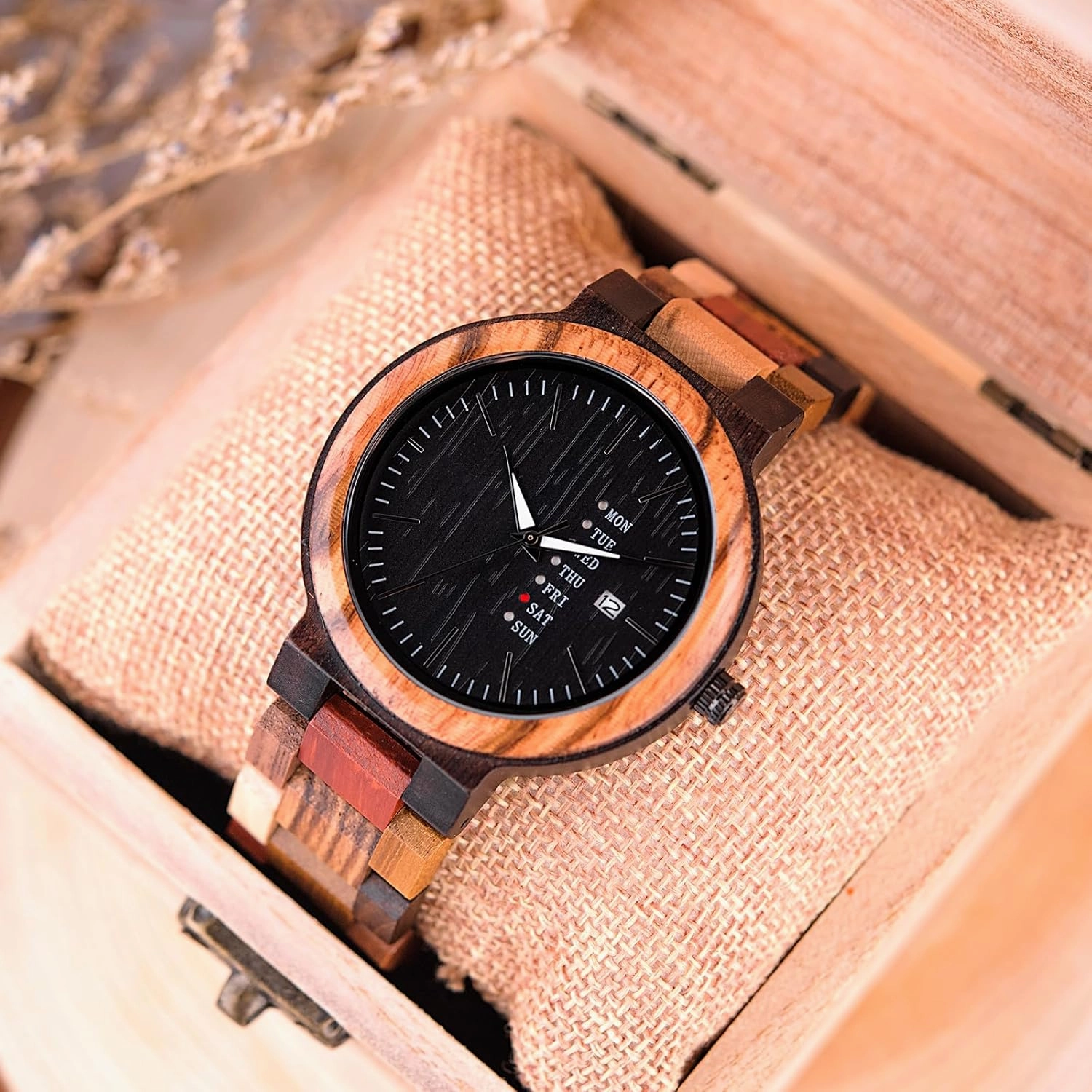 GUANKE Women's Wooden Colorful Bamboo Watches for Men & Women with Week Date Display - Handmade Natural Wood Casual Wrist Watches