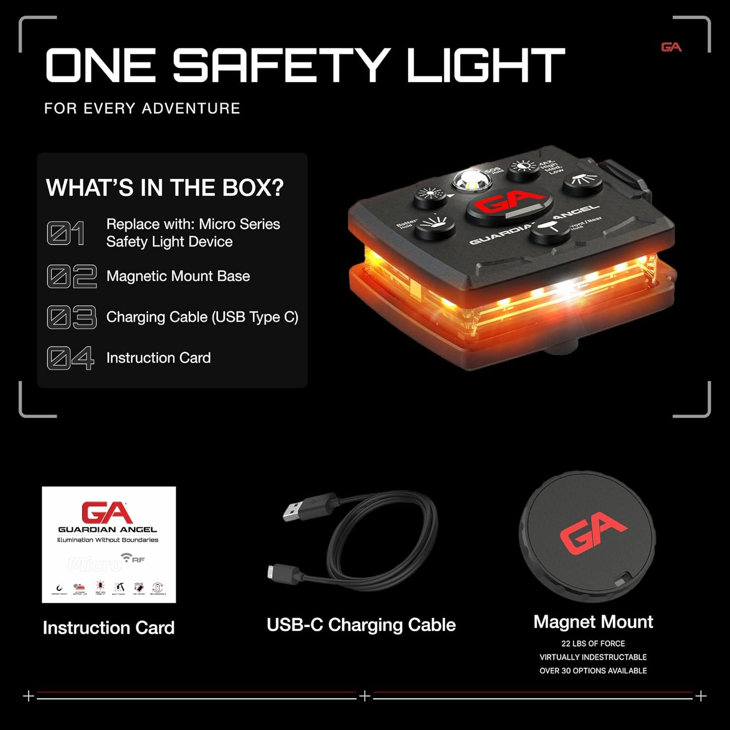 Guardian Angel Micro Series Safety Lights, Beacon Device (Orange Front & Orange Rear) | Rechargeable, Magnetic, Hands-Free Wearable LED Light for Dog Walking, Cycling, Hiking & Camping