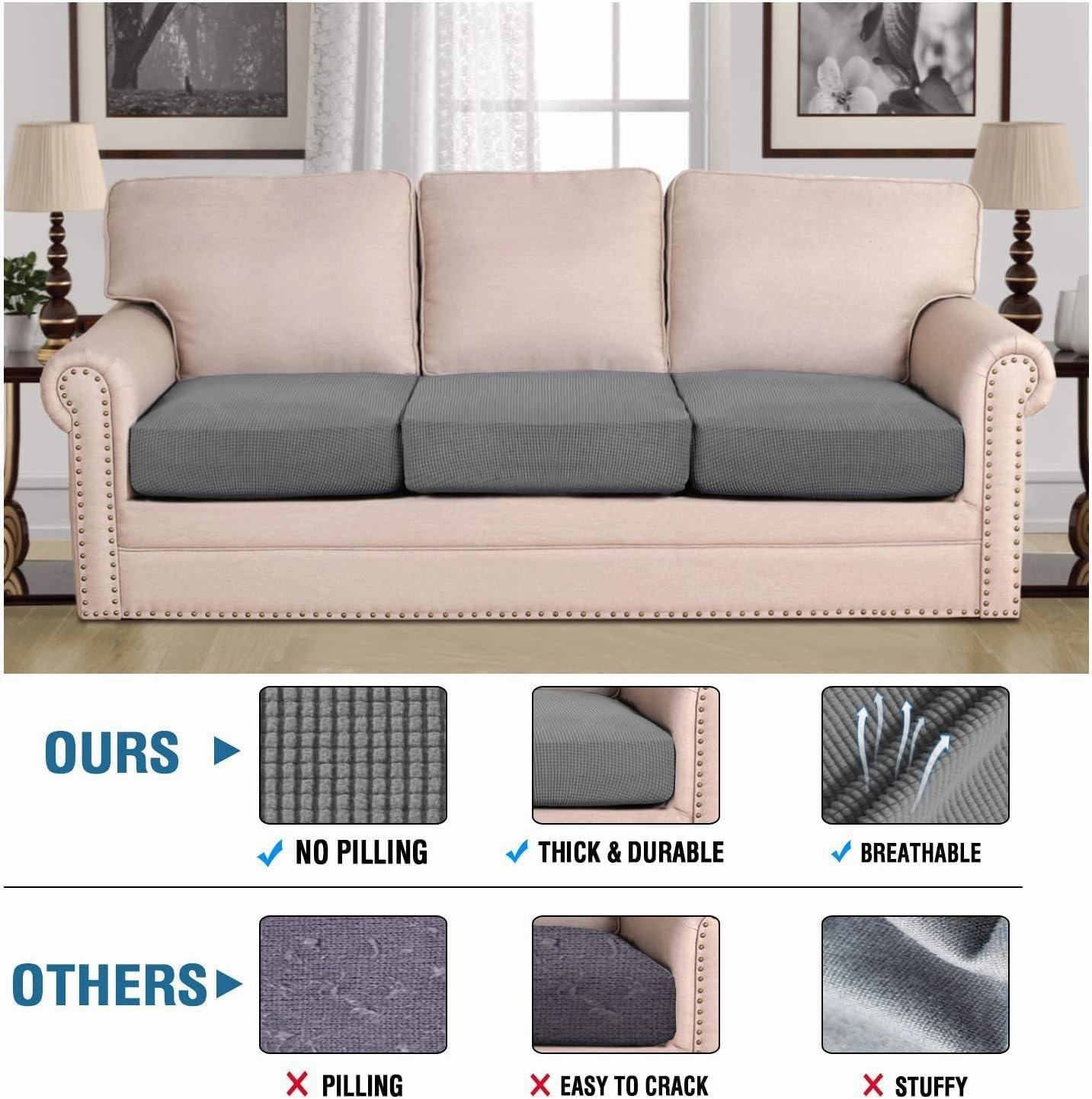 H.VERSAILTEX Super Stretch Couch Cushion Covers Individual Seat Couch Slipcover Sets Thick Jacquard Textured Twill Fabric (3 Piece Sofa Cushion Covers, Grey)