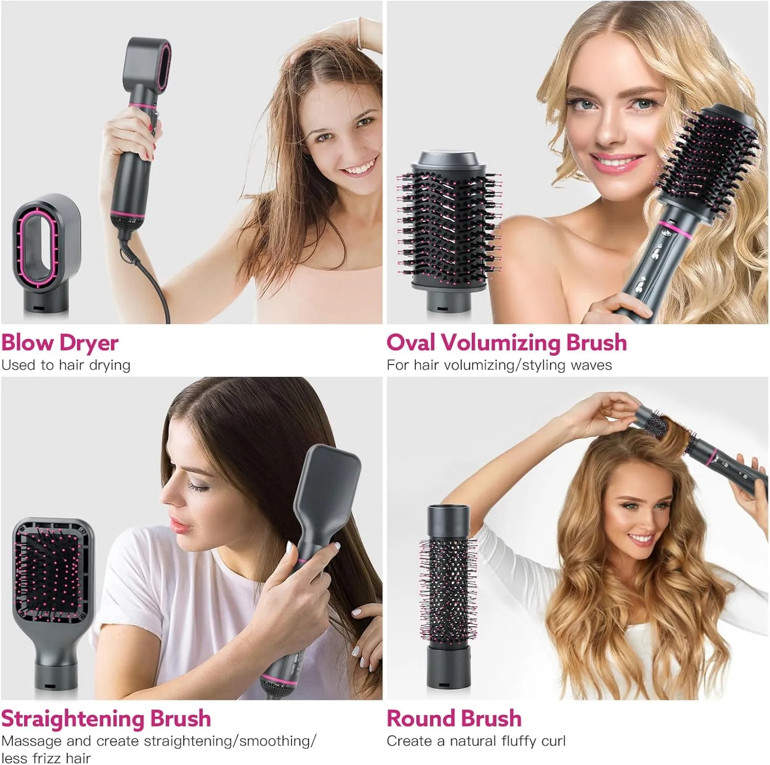 Hair Dryer Brush, WeChip 4 in 1 Detachable Negative Ion Hair Dryer, Blow Dryer Brush for Straightening/Drying/Curling, with Carrying Case (Gray)