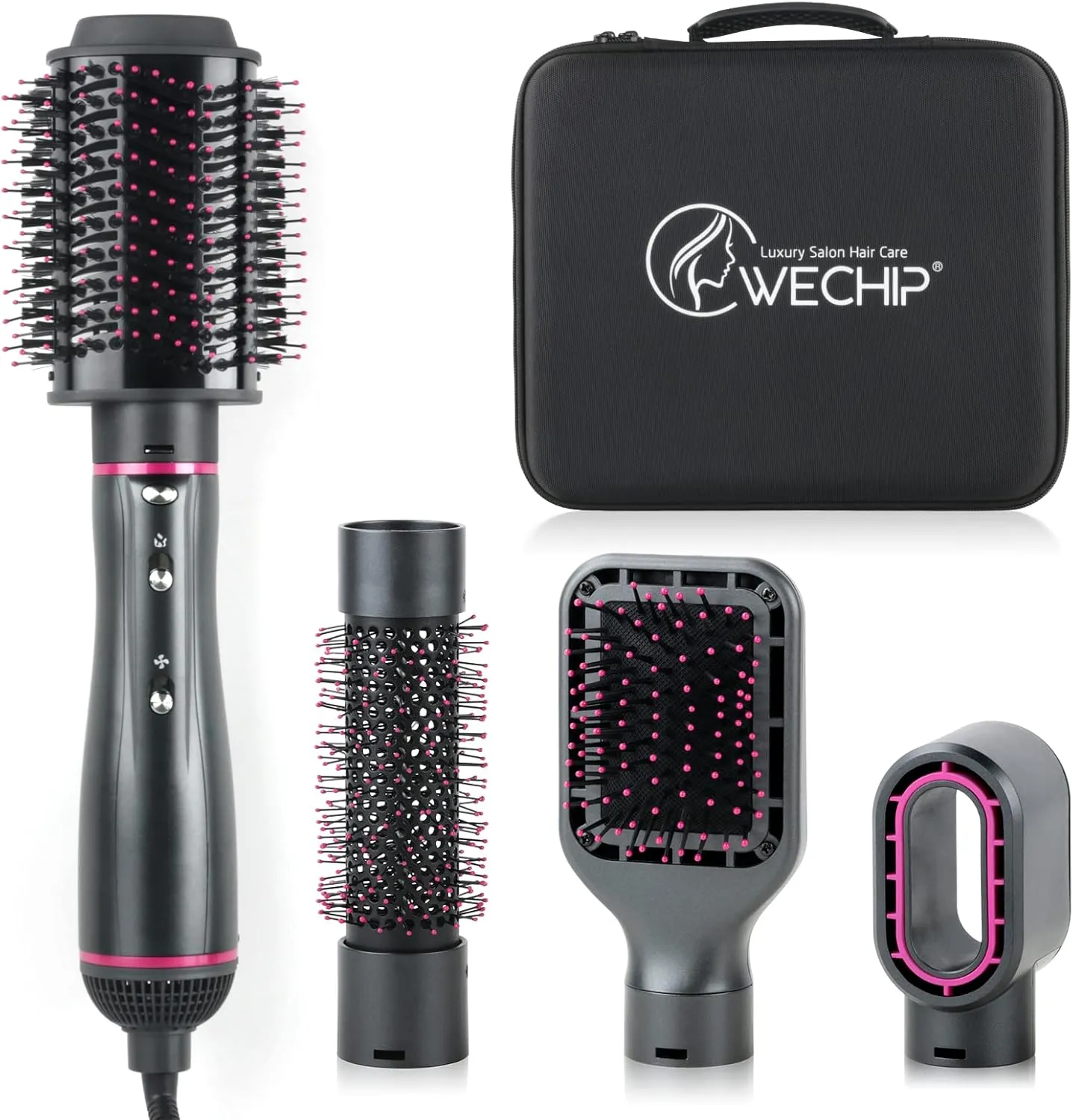 Hair Dryer Brush, WeChip 4 in 1 Detachable Negative Ion Hair Dryer, Blow Dryer Brush for Straightening/Drying/Curling, with Carrying Case (Gray)