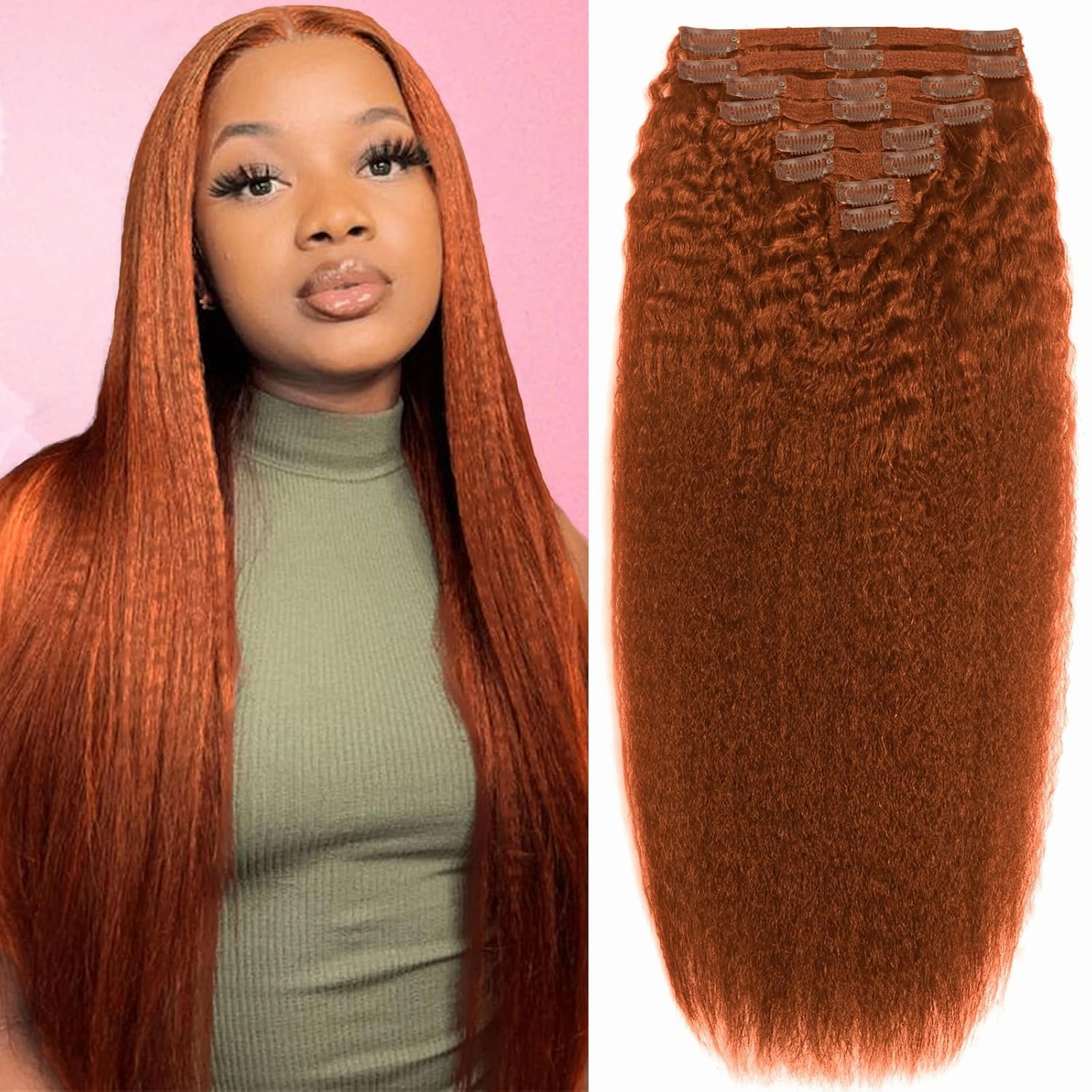 Hair Extensions Real Human Hair Copper Hair Extensions Kinky Straight Clip Ins 110g 16inch 8pcs Colorful Extensions Natural & Soft Hair Clip Ins for Women, Can Be Styled Real Human Hair