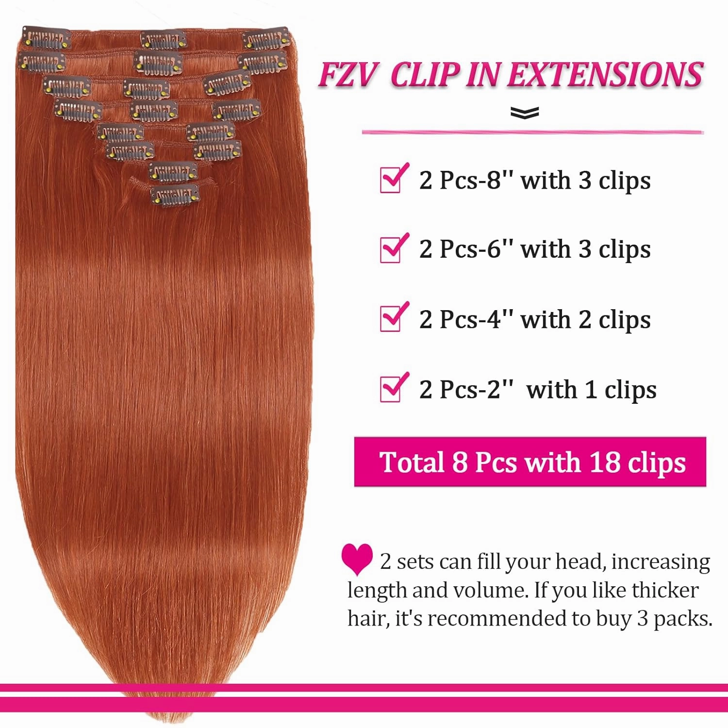 Hair Extensions Real Human Hair Copper Hair Extensions Kinky Straight Clip Ins 110g 16inch 8pcs Colorful Extensions Natural & Soft Hair Clip Ins for Women, Can Be Styled Real Human Hair