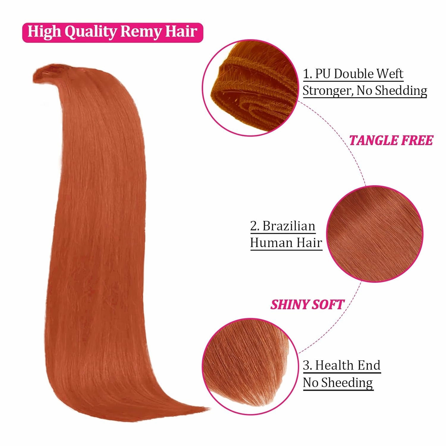 Hair Extensions Real Human Hair Copper Hair Extensions Kinky Straight Clip Ins 110g 16inch 8pcs Colorful Extensions Natural & Soft Hair Clip Ins for Women, Can Be Styled Real Human Hair