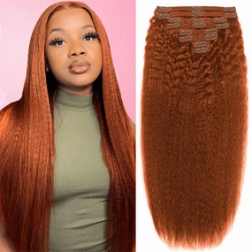 Hair Extensions Real Human Hair Copper Hair Extensions Kinky Straight Clip Ins 110g 16inch 8pcs Colorful Extensions Natural & Soft Hair Clip Ins for Women, Can Be Styled Real Human Hair