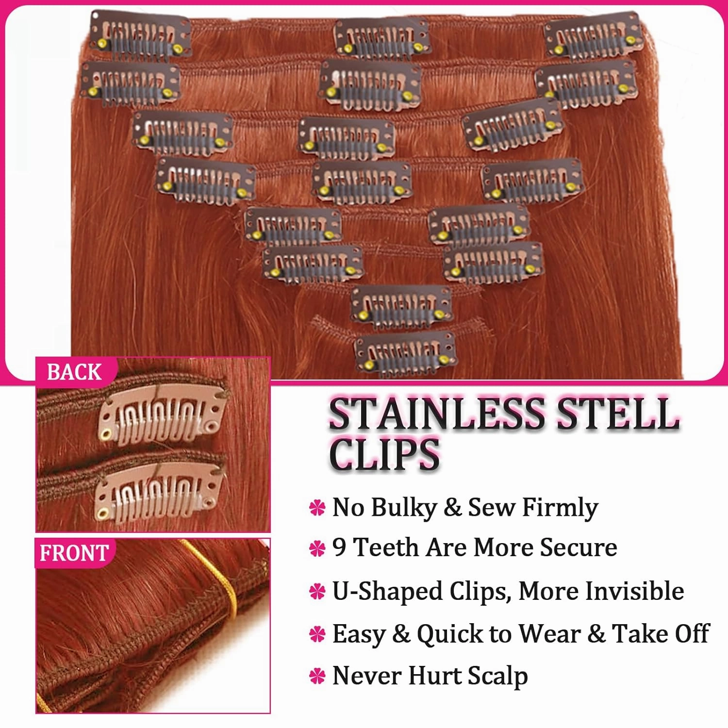 Hair Extensions Real Human Hair Copper Hair Extensions Kinky Straight Clip Ins 110g 16inch 8pcs Colorful Extensions Natural & Soft Hair Clip Ins for Women, Can Be Styled Real Human Hair