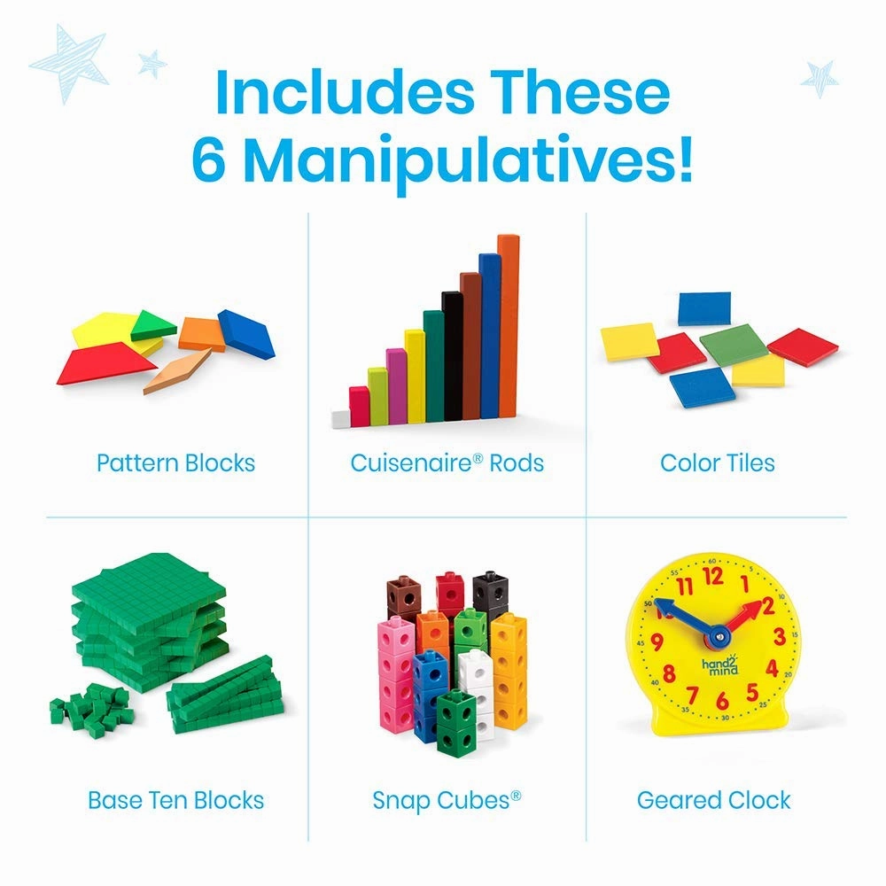hand2mind-93538 Take Home Math Manipulatives Kit for Kids Grade K-2, with Snap Cubes, Base Ten Blocks, Cuisenaire Rods, Pattern Blocks, Color Tiles and Learning Clock, Homeschool Supplies (292 Pieces)