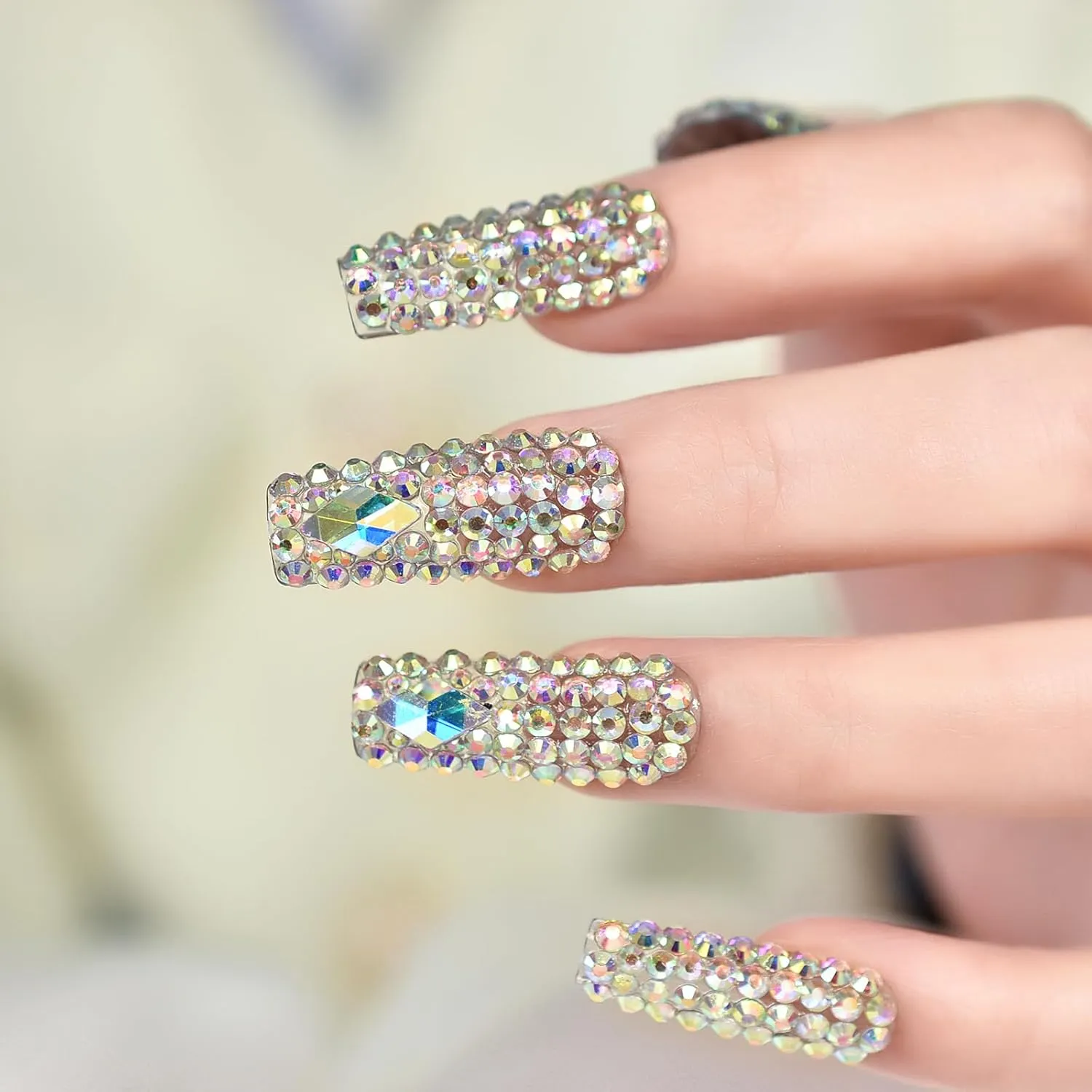 Handmade 3D Diamond Press on Nails, EchiQ Holo Rhinestone Art Deco False Nails Acrylic Shiny Full Cover Crystal Gems Long Square Gorgeous Party Show Fake Nails kit with Jelly Glue Pad