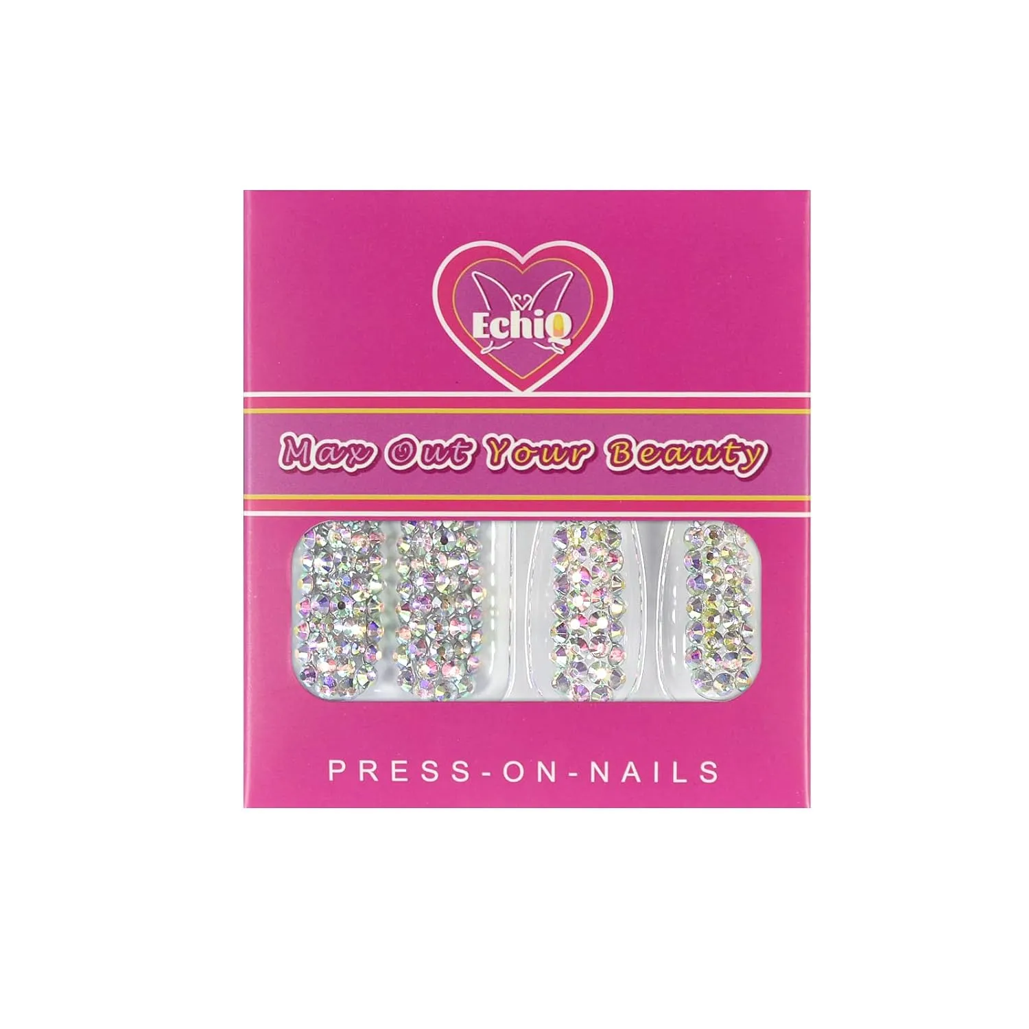 Handmade 3D Diamond Press on Nails, EchiQ Holo Rhinestone Art Deco False Nails Acrylic Shiny Full Cover Crystal Gems Long Square Gorgeous Party Show Fake Nails kit with Jelly Glue Pad