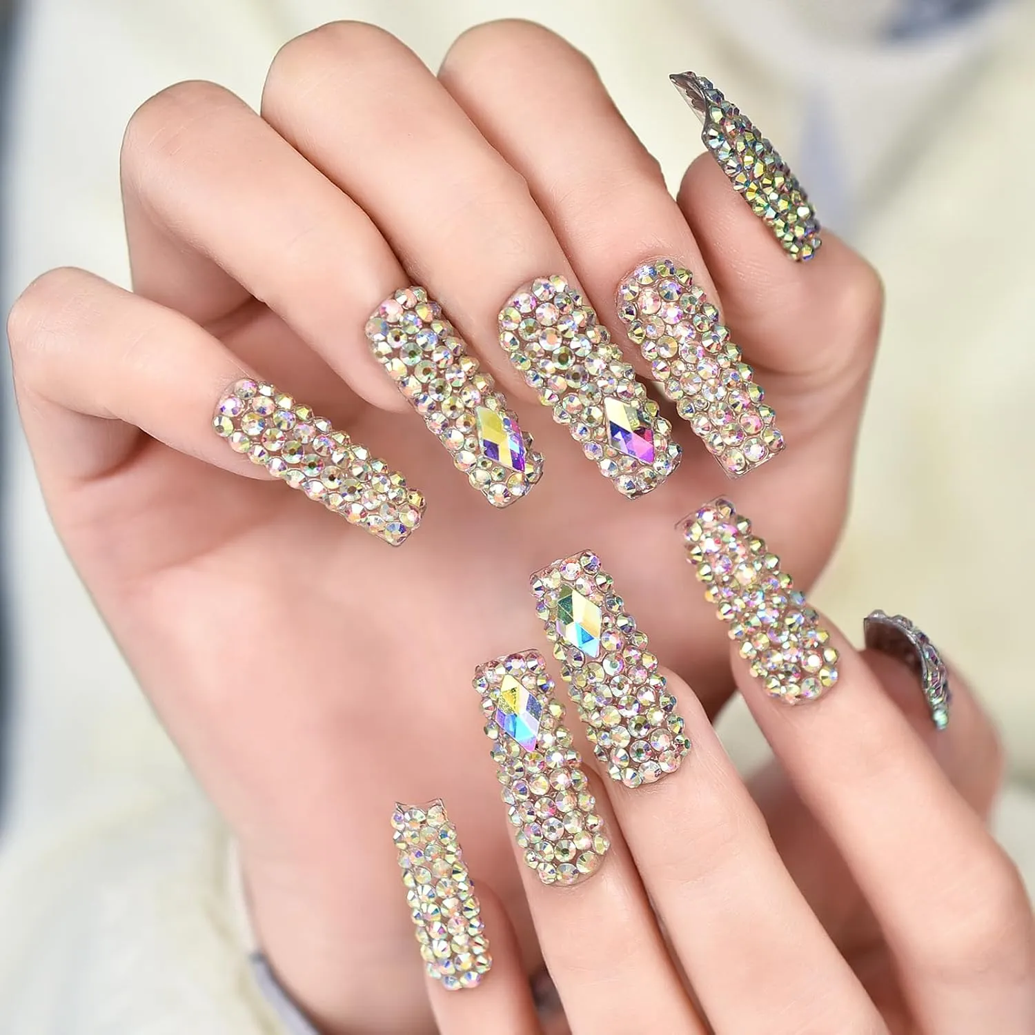 Handmade 3D Diamond Press on Nails, EchiQ Holo Rhinestone Art Deco False Nails Acrylic Shiny Full Cover Crystal Gems Long Square Gorgeous Party Show Fake Nails kit with Jelly Glue Pad
