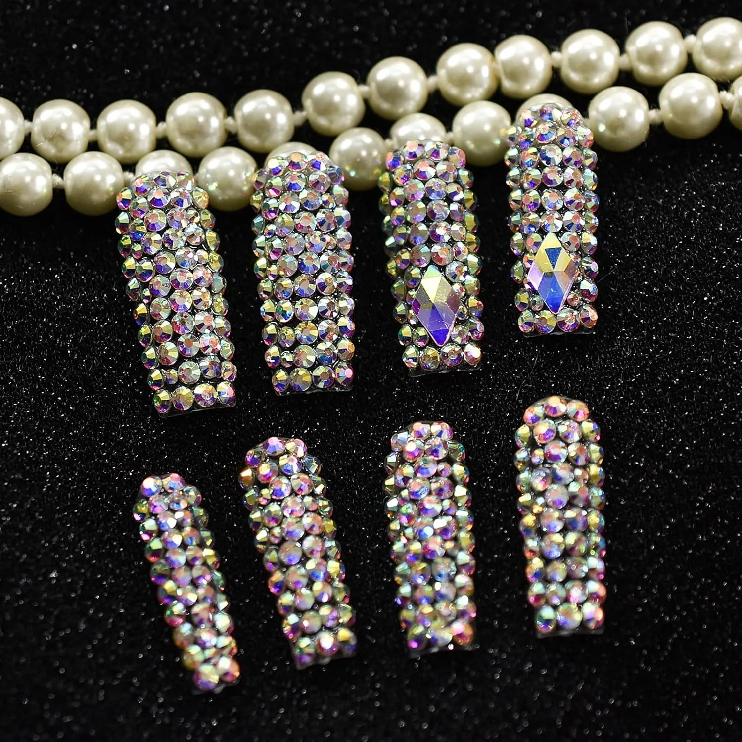 Handmade 3D Diamond Press on Nails, EchiQ Holo Rhinestone Art Deco False Nails Acrylic Shiny Full Cover Crystal Gems Long Square Gorgeous Party Show Fake Nails kit with Jelly Glue Pad