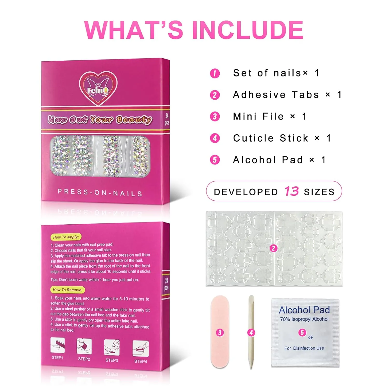 Handmade 3D Diamond Press on Nails, EchiQ Holo Rhinestone Art Deco False Nails Acrylic Shiny Full Cover Crystal Gems Long Square Gorgeous Party Show Fake Nails kit with Jelly Glue Pad