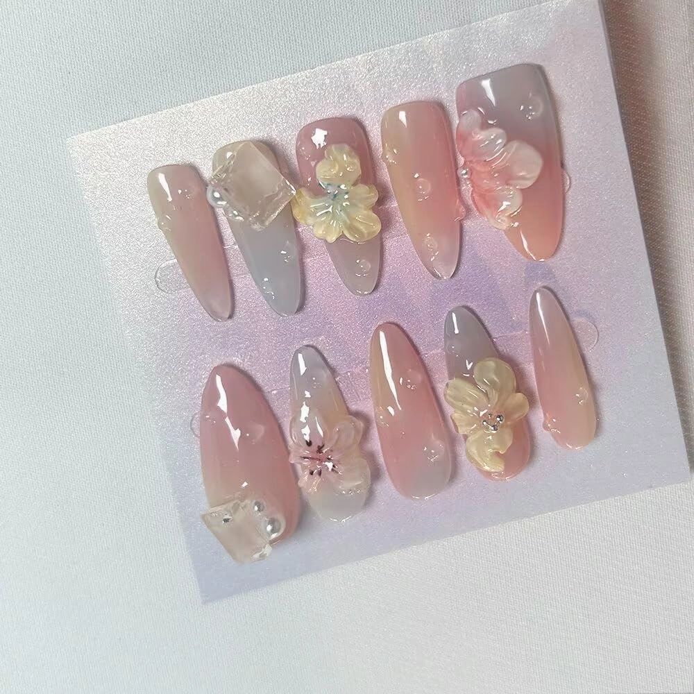 Handmade 3D Medium Long Almond Press On Nails，French Pink Gel Fake Nails, Long Lasting Reusable False Nails for Women, Easy Application Salon Manicure Designs (10 Pieces）S size