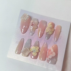 Handmade 3D Medium Long Almond Press On Nails，French Pink Gel Fake Nails, Long Lasting Reusable False Nails for Women, Easy Application Salon Manicure Designs (10 Pieces）S size