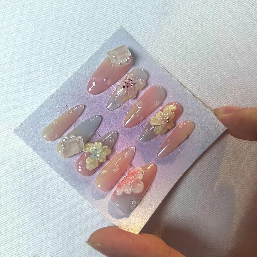 Handmade 3D Medium Long Almond Press On Nails，French Pink Gel Fake Nails, Long Lasting Reusable False Nails for Women, Easy Application Salon Manicure Designs (10 Pieces）S size