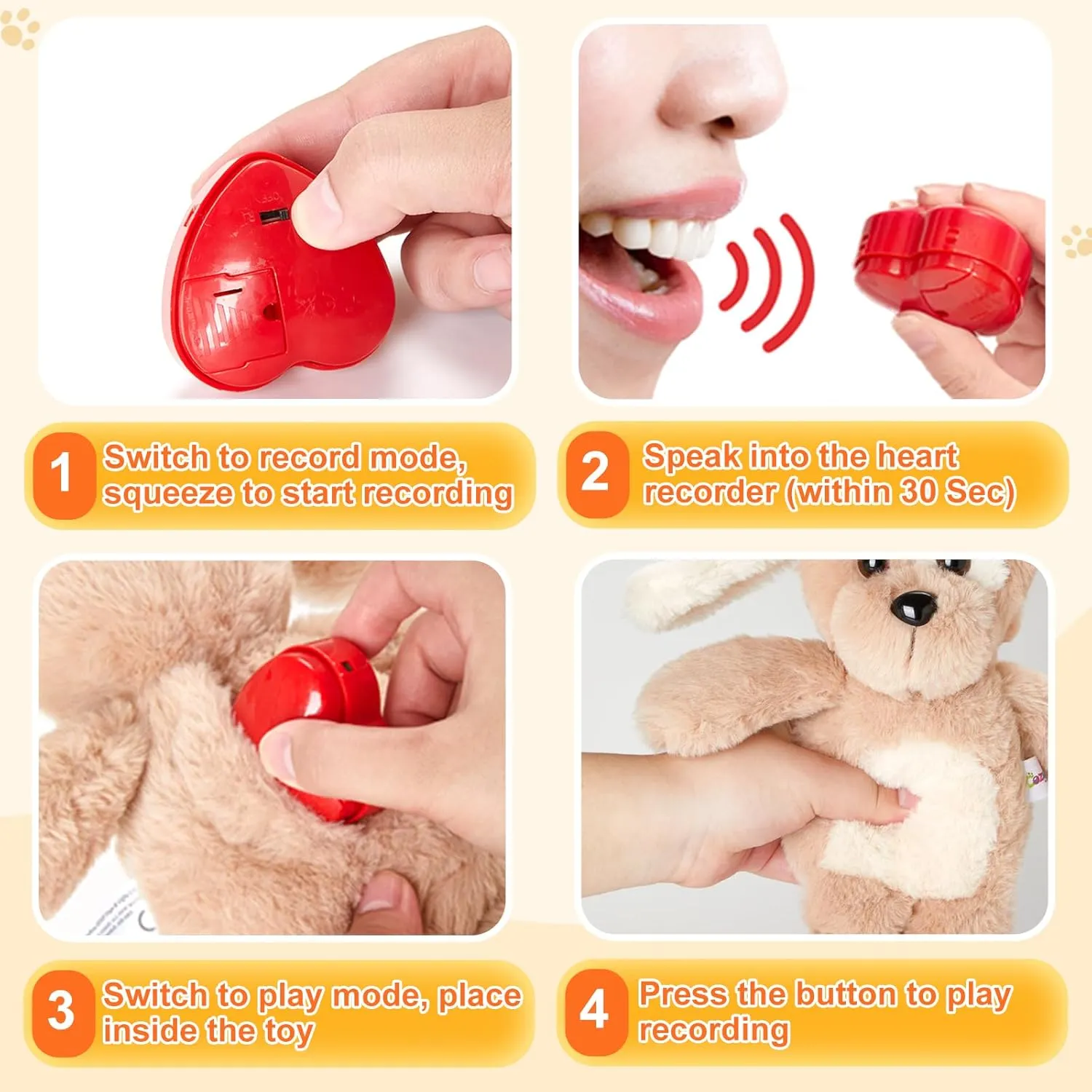 Heartbeat Puppy Recordable Dog Stuffed Animals 30 sec Heart Voice Recorder Plush Toy Stuffed Animal Soft Fuzzy Doll Gifts Messages Playback for Kids Birthday Children's Day