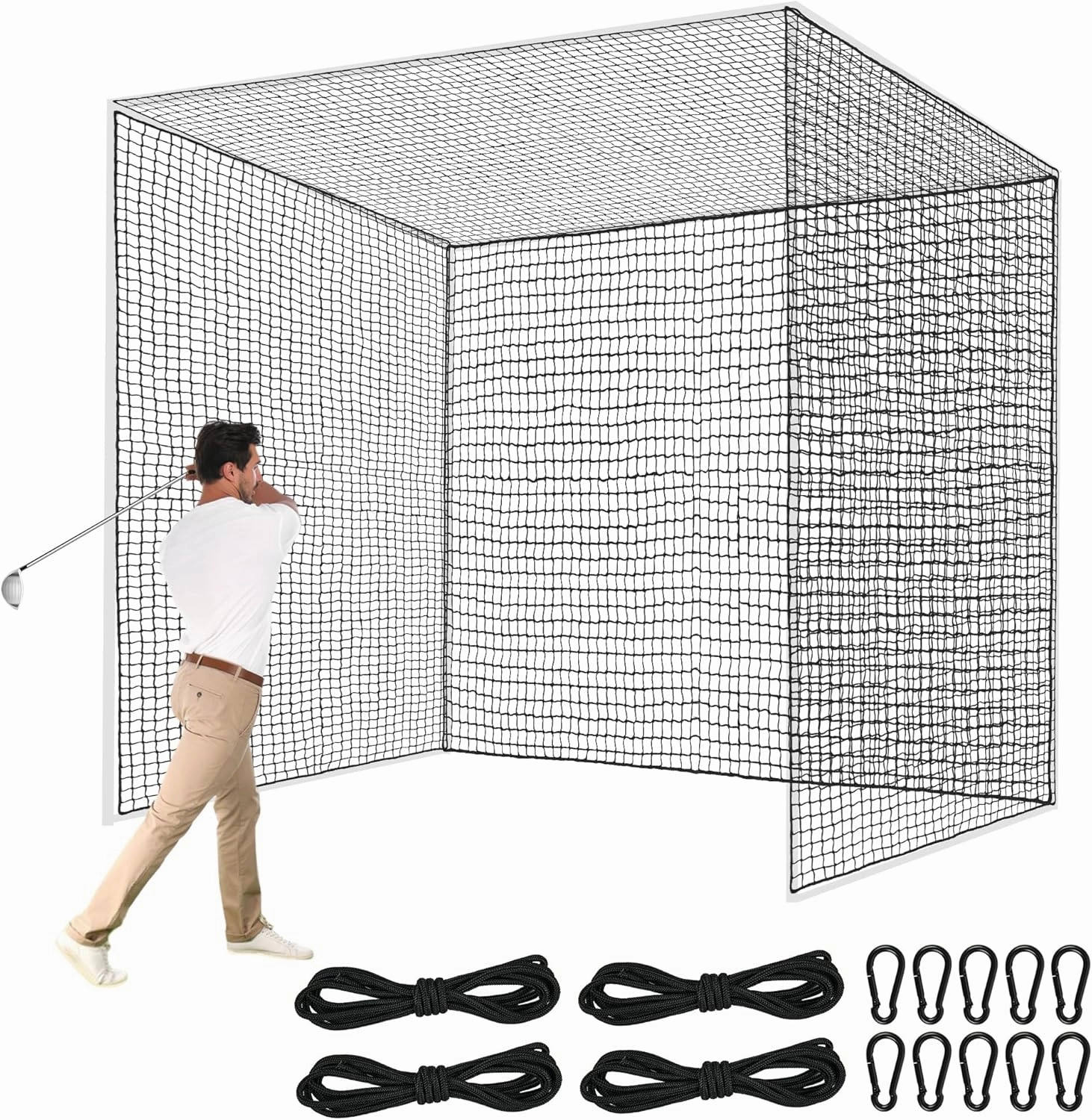 Heavy Duty Nylon Golf Batting Cage, 10 * 10 * 10ft Batting Cage Net with 10 Carabiners and 4 Tie Rope,Durable Golf Practice Net Batting Net for Backyard,Baseball Net Indoor Outdoor (ONLY NET)