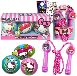 Hello Kitty Outdoor Toys for Girls, Kids - Bundle With 3 Mini Sports Balls, Jump Rope, and Stickers | Fitness Toys, Sport Playset