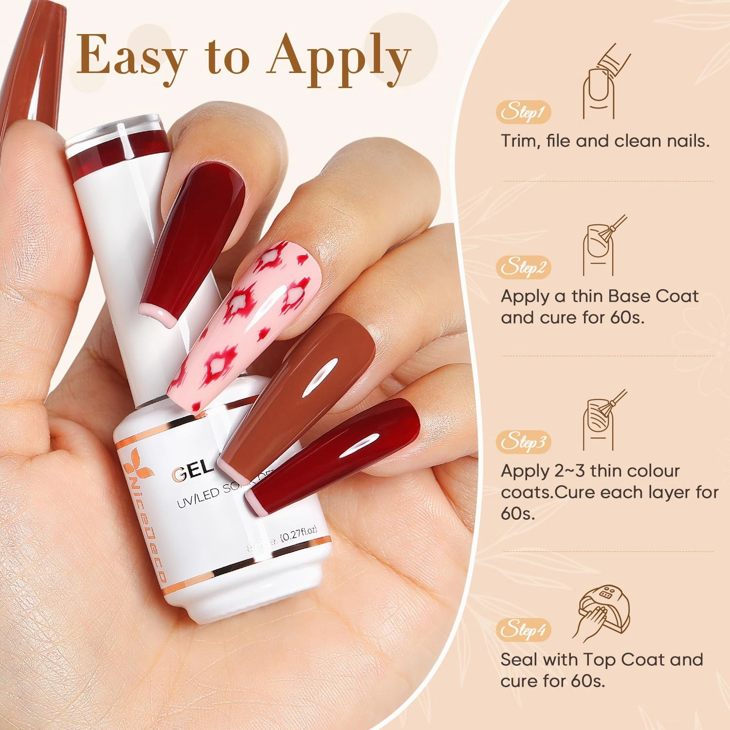 Hema Free Gel Nail Polish 6 Pcs 8ml Brown Burgundy Red Glitter Nude Color Soak Off LED Cruelty Free Vegan U V Gel Nail Kit
