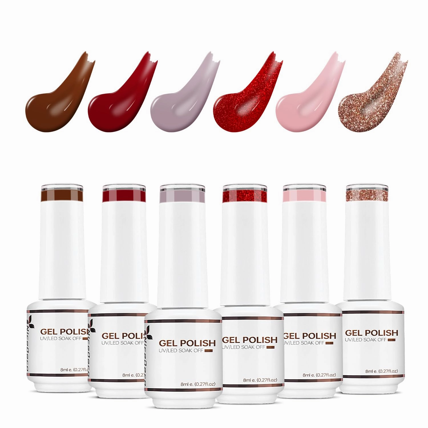 Hema Free Gel Nail Polish 6 Pcs 8ml Brown Burgundy Red Glitter Nude Color Soak Off LED Cruelty Free Vegan U V Gel Nail Kit