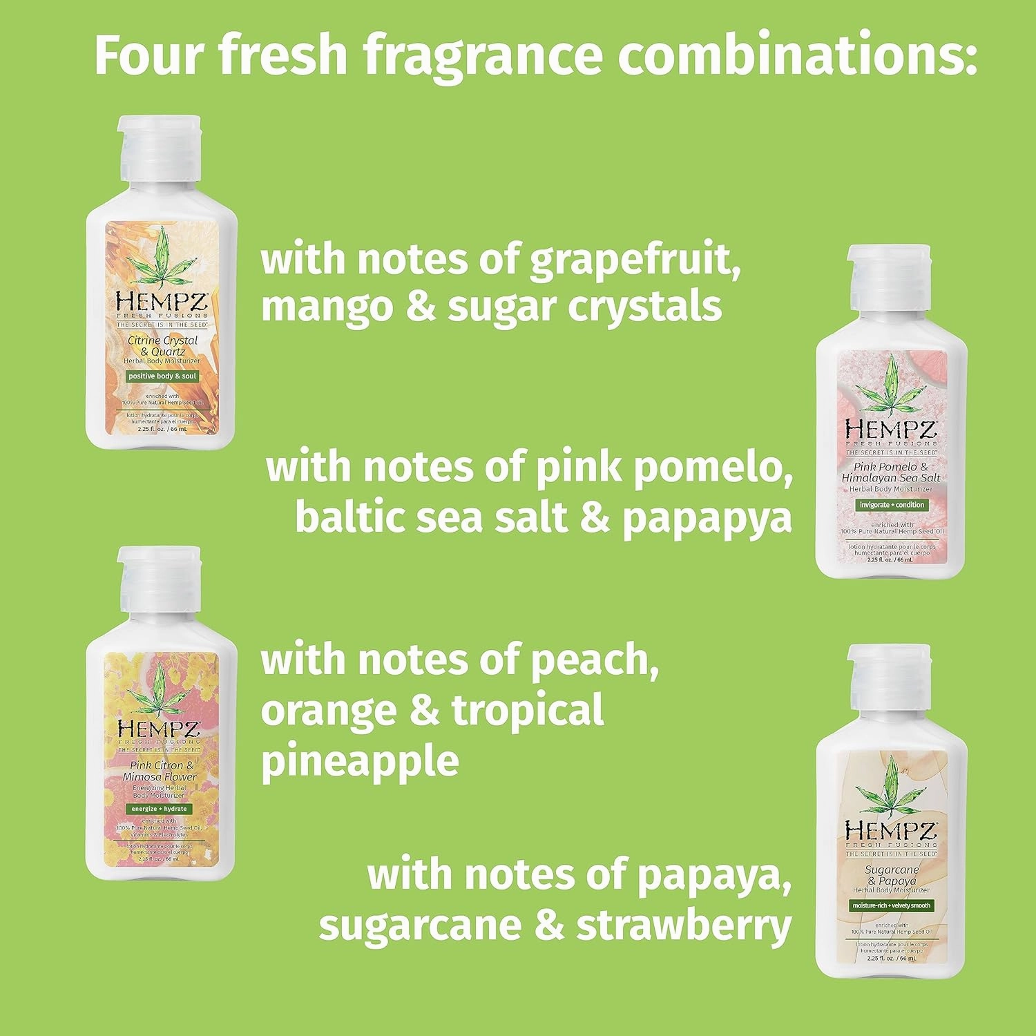 Hempz Fresh Fusion (2.25 Oz 4 Pack) Sugar Cane & Papaya, Pink Pomelo & Himalayan Sea Salt, Pink Citron & Mimosa Flower, Citrine Crystal & Quartz Moisturizer - Mini Travel Lotion for Women or Men