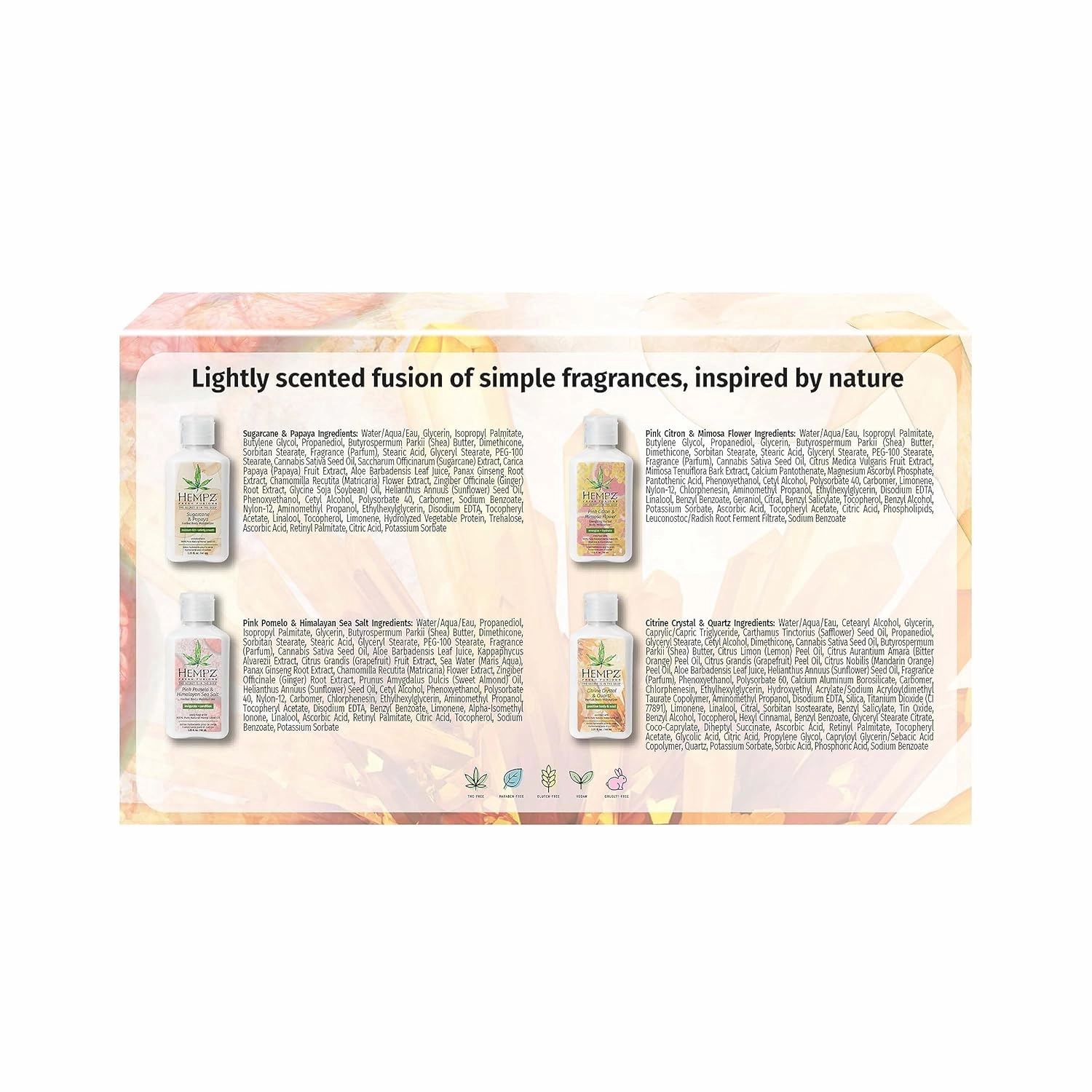 Hempz Fresh Fusion (2.25 Oz 4 Pack) Sugar Cane & Papaya, Pink Pomelo & Himalayan Sea Salt, Pink Citron & Mimosa Flower, Citrine Crystal & Quartz Moisturizer - Mini Travel Lotion for Women or Men