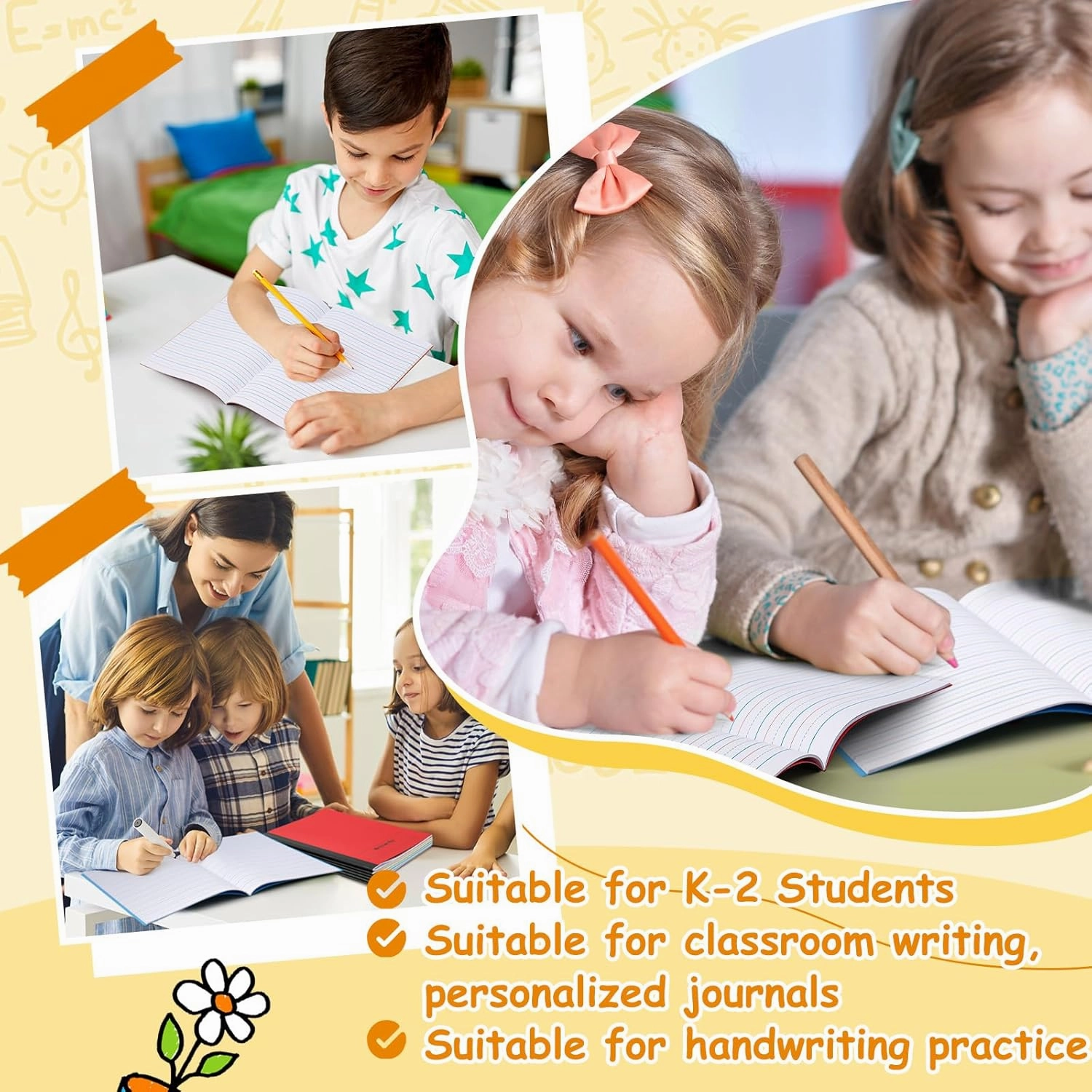 Henoyso 6 Pcs Primary Composition Notebook K-2 Bulk 9. 75" x 7. 50" Journal 60 Page Writing Journal for Kid Wide 3 Line Ruled Kindergarten Notebook Handwriting Practice Supplies (Stylish Color)