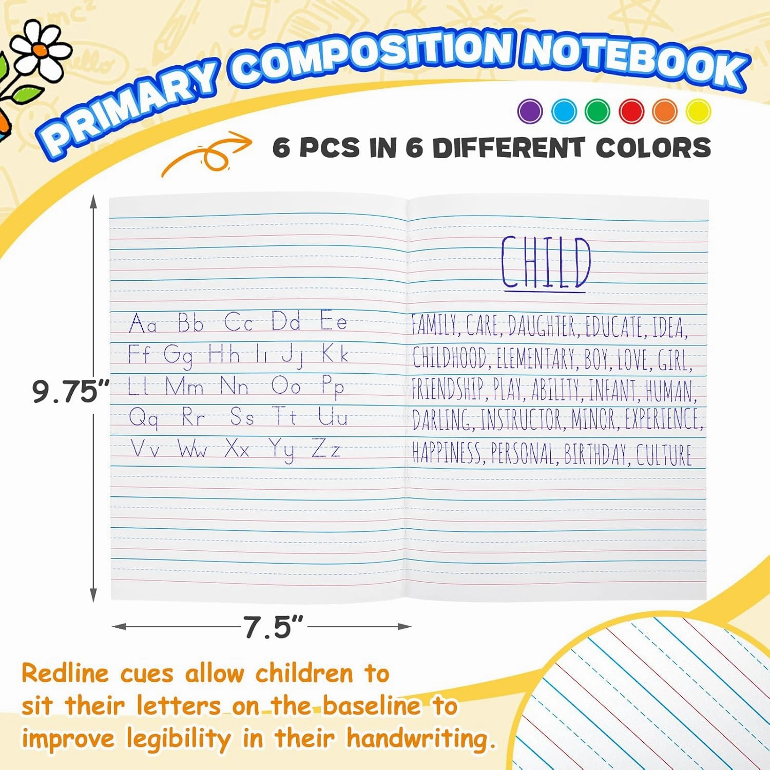 Henoyso 6 Pcs Primary Composition Notebook K-2 Bulk 9. 75" x 7. 50" Journal 60 Page Writing Journal for Kid Wide 3 Line Ruled Kindergarten Notebook Handwriting Practice Supplies (Stylish Color)