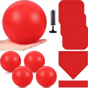 Hiboom 10 Pcs Kickball Set Includes 10 Inches Dodgeball Playground Balls 5 Rubber Throw Down Bases Needles and Ball Pump for Boys Girls Adults Backyard Game Camps Picnic Schoolyard Summer(Red)