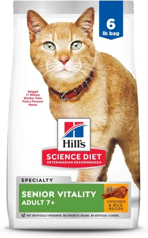Hill's Science Diet Senior Vitality, Senior Adult 7 , Senior Premium Nutrition, Dry Cat Food, Chicken & Rice, 6 lb Bag