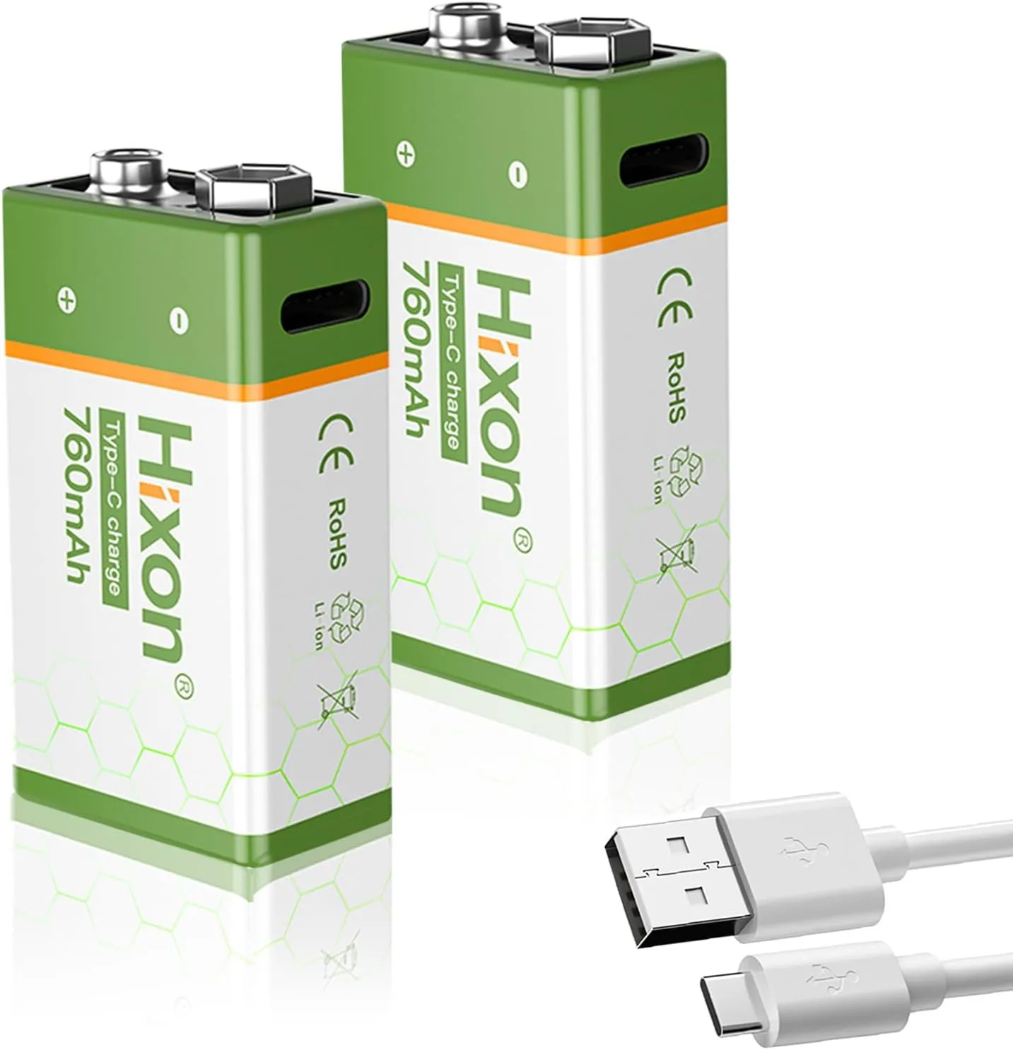 Hixon USB 9V Rechargeable Lithium Batteries - Long-Lasting 760mAh 9 Volt LI-ion Batteries with Type C Charging Cable - for Alarms Wireless Microphones Smoke Detectors Toys - 2 Pack