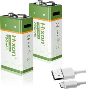 Hixon USB 9V Rechargeable Lithium Batteries - Long-Lasting 760mAh 9 Volt LI-ion Batteries with Type C Charging Cable - for Alarms Wireless Microphones Smoke Detectors Toys - 2 Pack