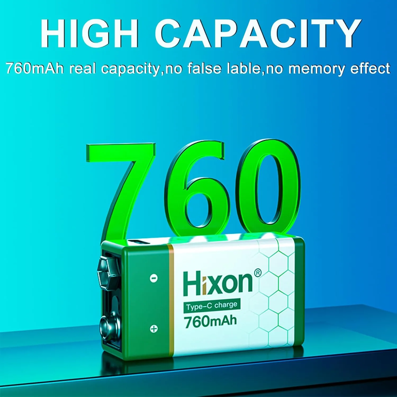 Hixon USB 9V Rechargeable Lithium Batteries - Long-Lasting 760mAh 9 Volt LI-ion Batteries with Type C Charging Cable - for Alarms Wireless Microphones Smoke Detectors Toys - 2 Pack
